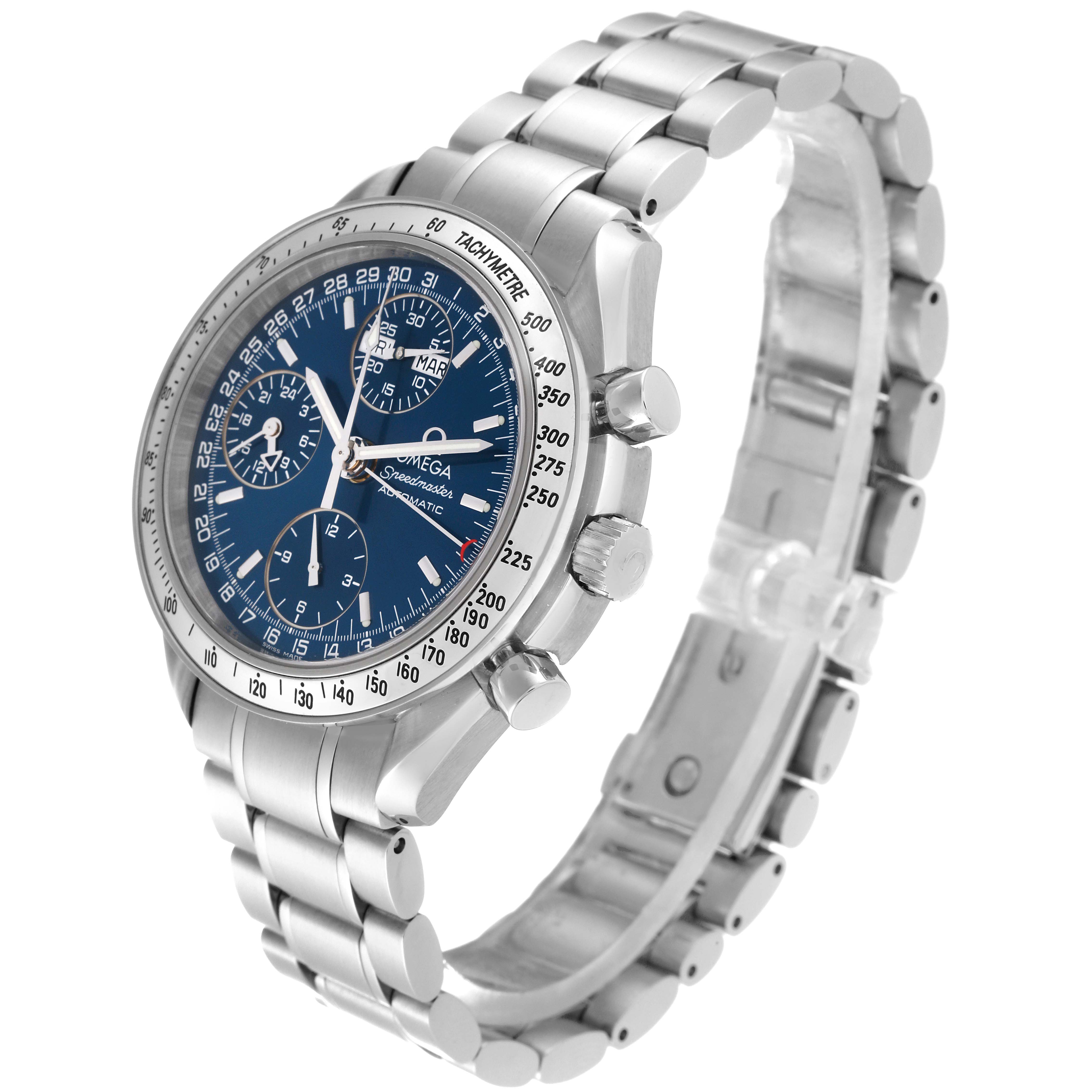 The Omega Speedmaster 3523.80.00 Men
s Stainless Steel Blue Dial 3523.80.00 Men
s Stainless Steel Blue Dial watch is shown at a three-quarter angle, displaying its face, bezel, crown, push buttons, and metal bracelet.