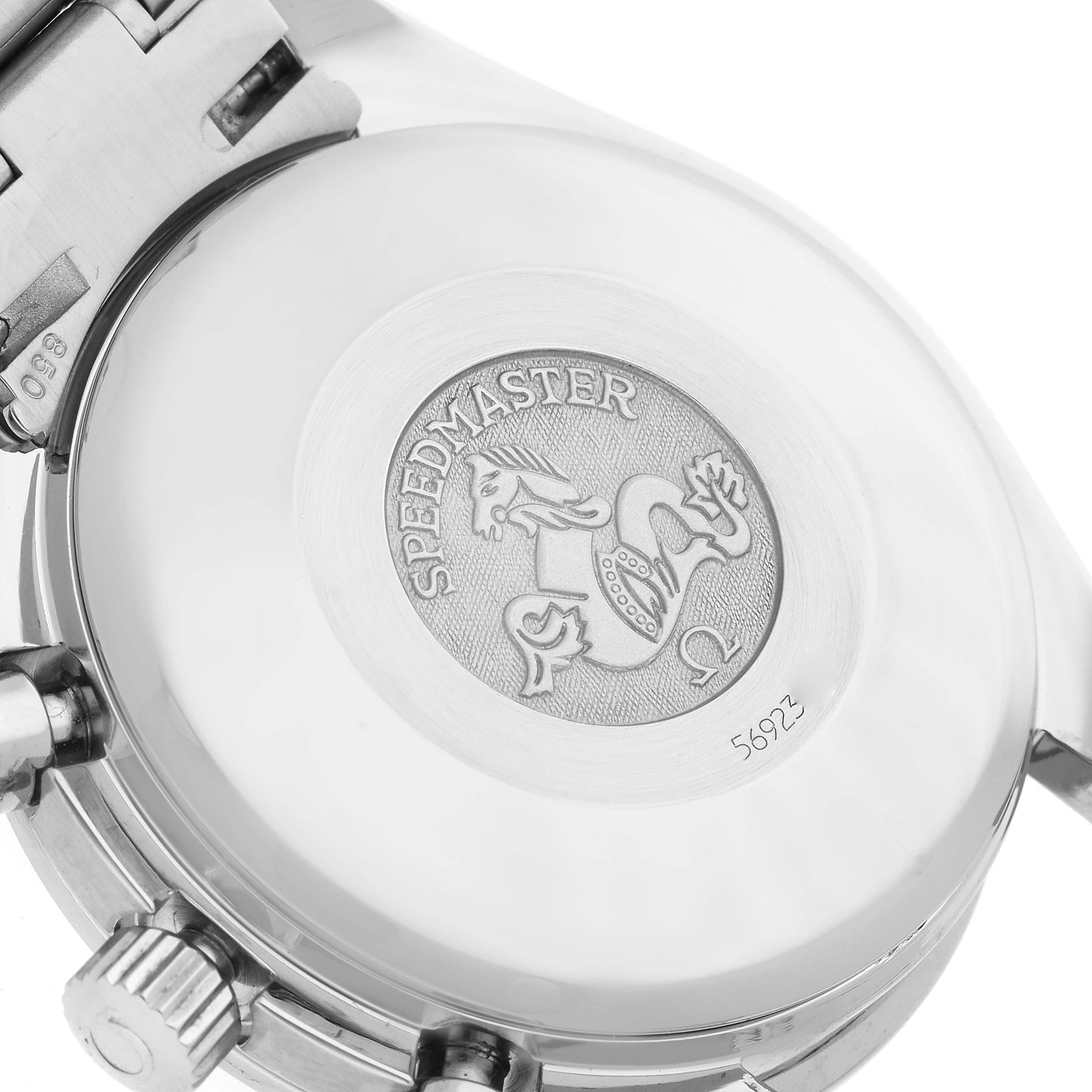 This image shows the case back and part of the bracelet of an Omega Speedmaster 3520.50.00 Men's Stainless Steel Black Dial 3520.50.00 Men's Stainless Steel Black Dial watch.