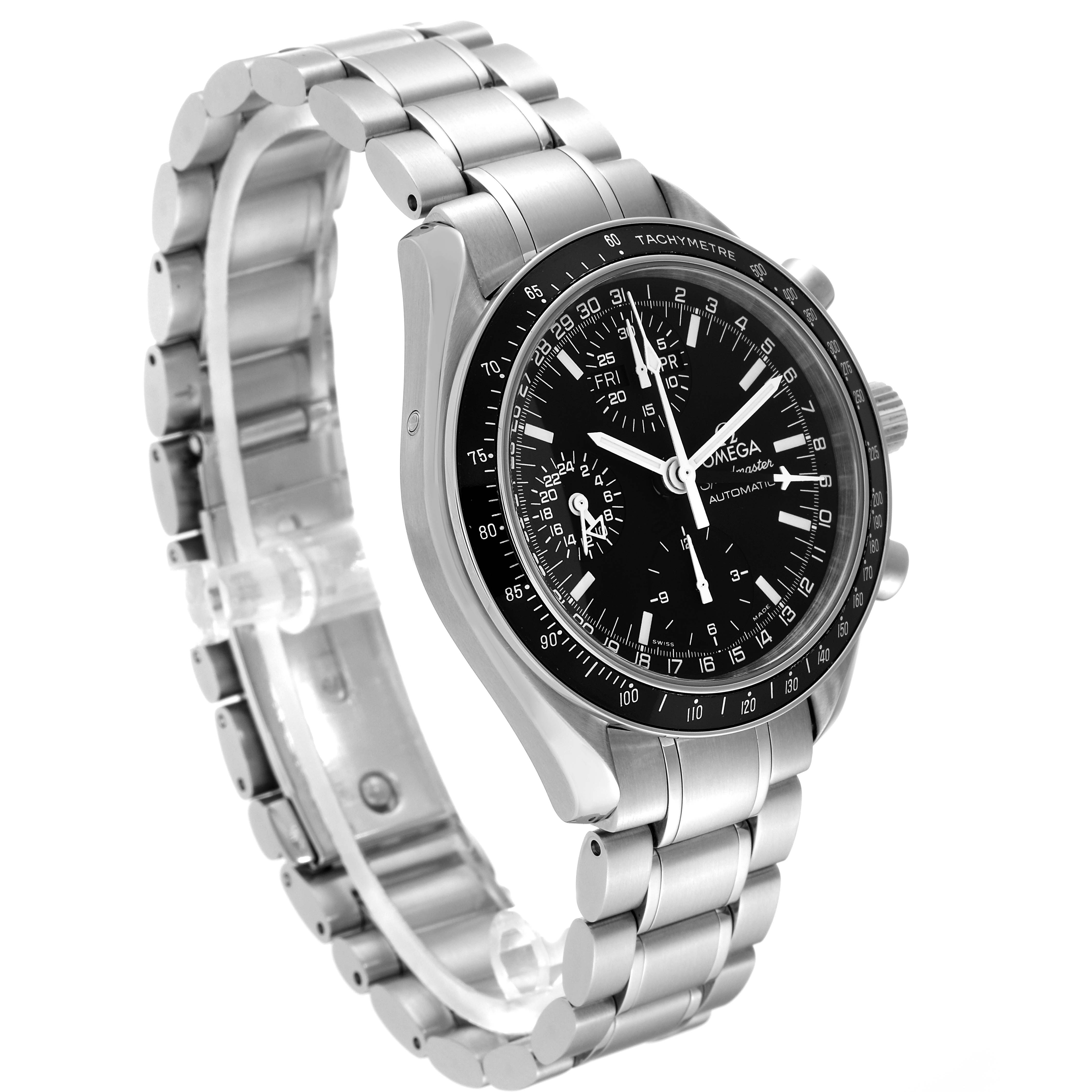 This image displays an Omega Speedmaster 3520.50.00 Men's Stainless Steel Black Dial 3520.50.00 Men's Stainless Steel Black Dial watch from a three-quarter angle, showcasing its face, bezel, and metal bracelet.