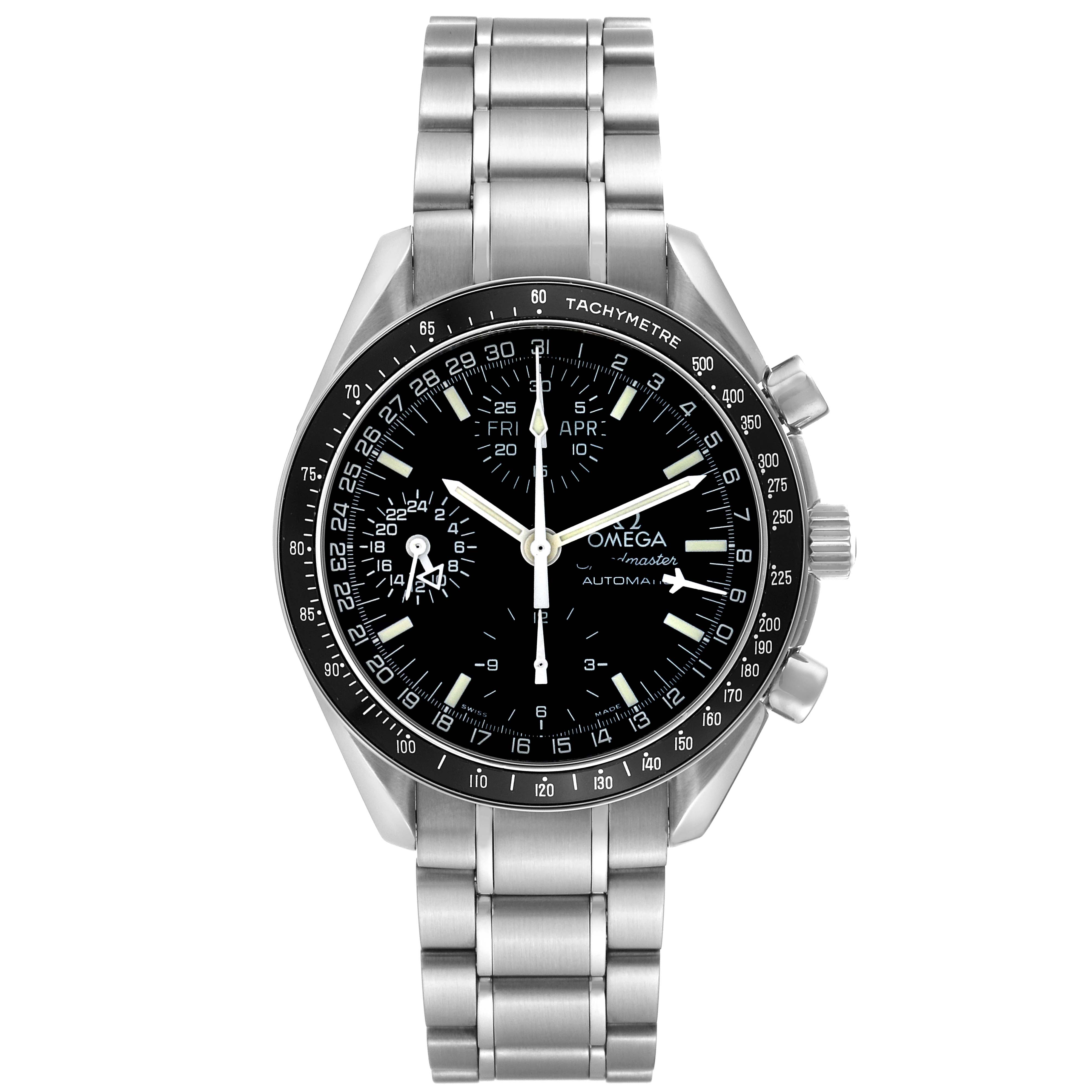The Omega Speedmaster 3520.50.00 Men's Stainless Steel Black Dial 3520.50.00 Men's Stainless Steel Black Dial watch is shown from a front angle, displaying the dial, bezel, and metal bracelet.