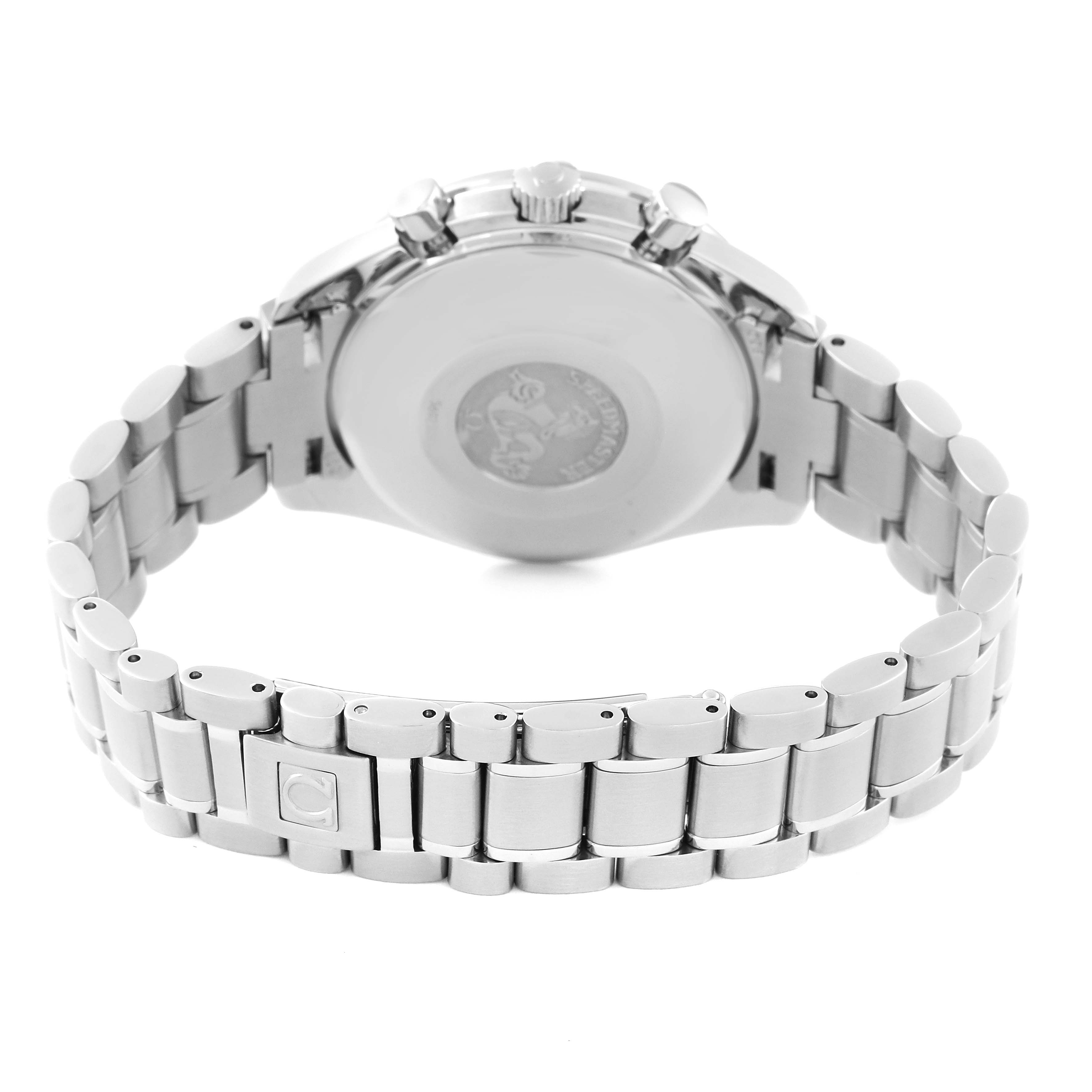 The image shows the back and bracelet of the Omega Speedmaster 3520.50.00 Men's Stainless Steel Black Dial 3520.50.00 Men's Stainless Steel Black Dial watch at a rear angle.