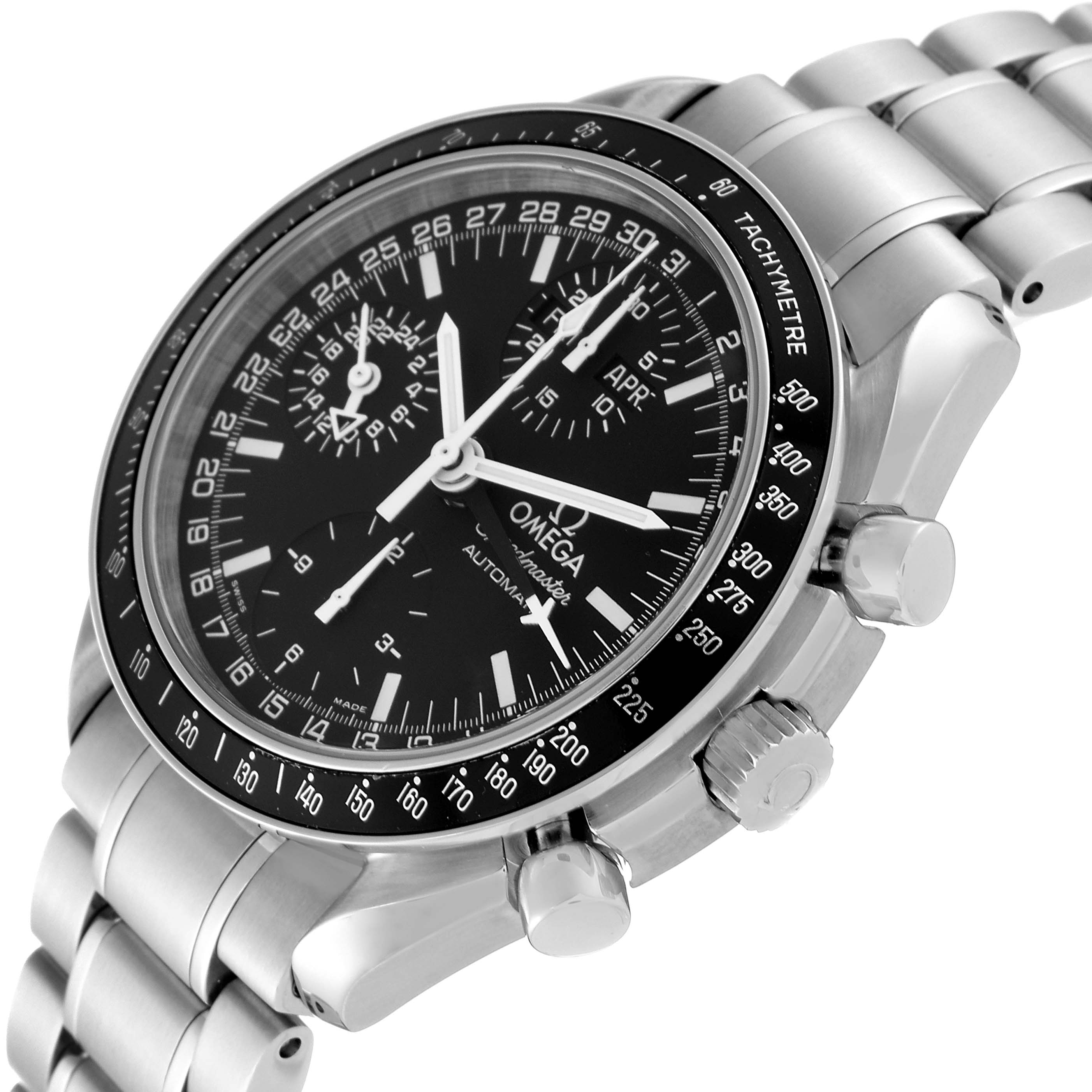 The Omega Speedmaster 3520.50.00 Men's Stainless Steel Black Dial 3520.50.00 Men's Stainless Steel Black Dial watch is shown at a slight angle, displaying the face, bezel, and part of the stainless steel bracelet.