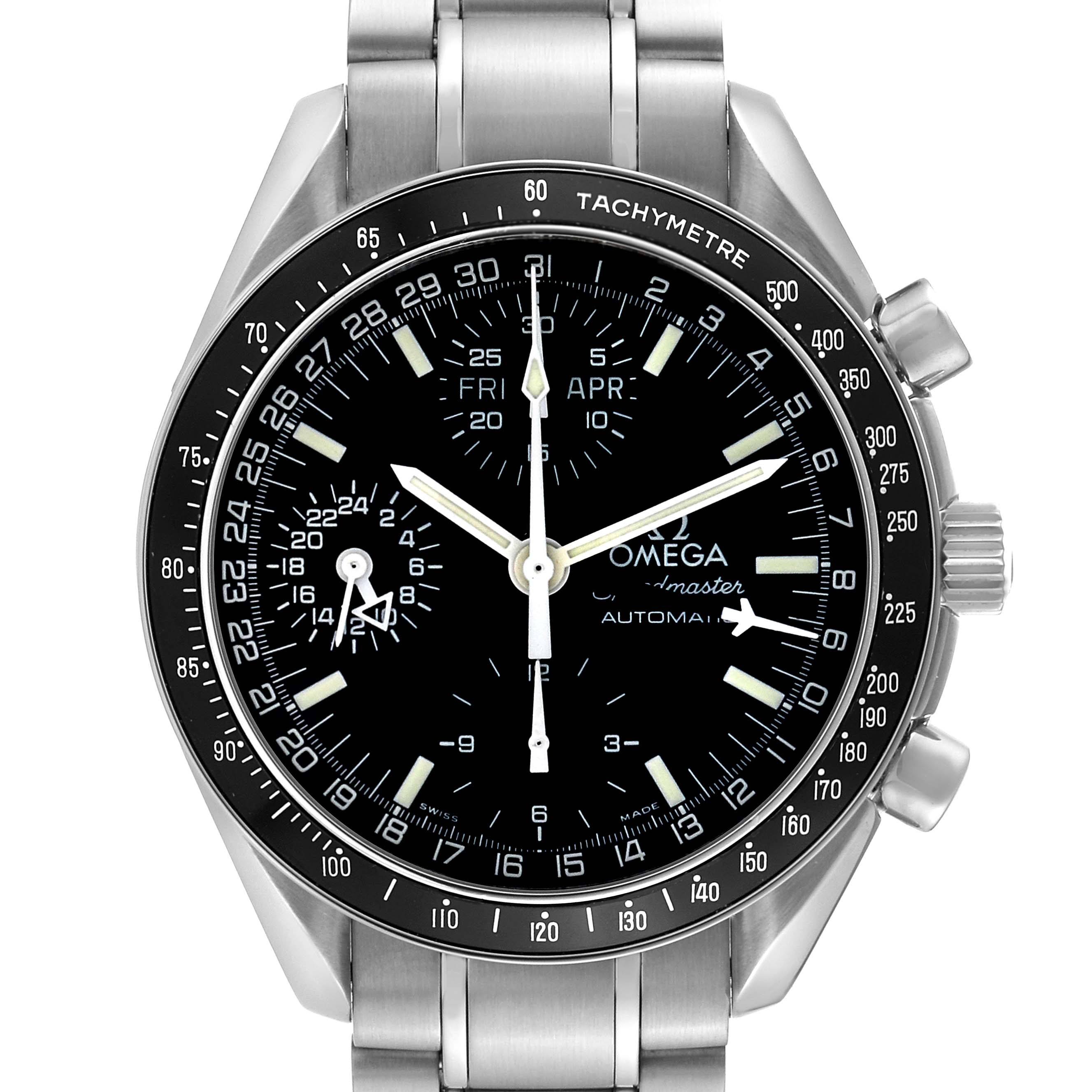 The image shows a frontal view of an Omega Speedmaster 3520.50.00 Men's Stainless Steel Black Dial 3520.50.00 Men's Stainless Steel Black Dial watch with a stainless steel bracelet.
