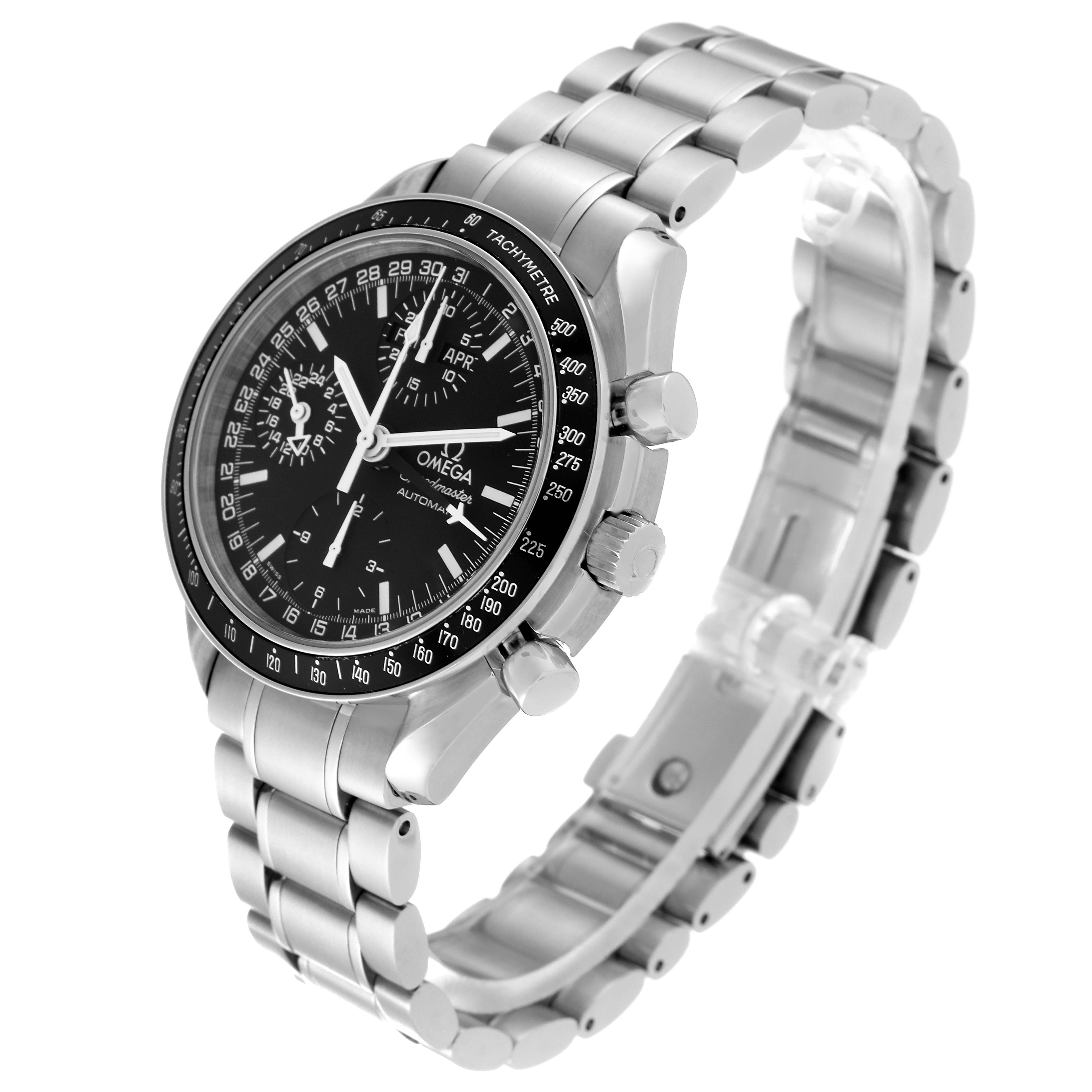 The image shows an angled view of the Omega Speedmaster 3520.50.00 Men's Stainless Steel Black Dial 3520.50.00 Men's Stainless Steel Black Dial watch, featuring the face, bezel, crown, pushers, and bracelet.