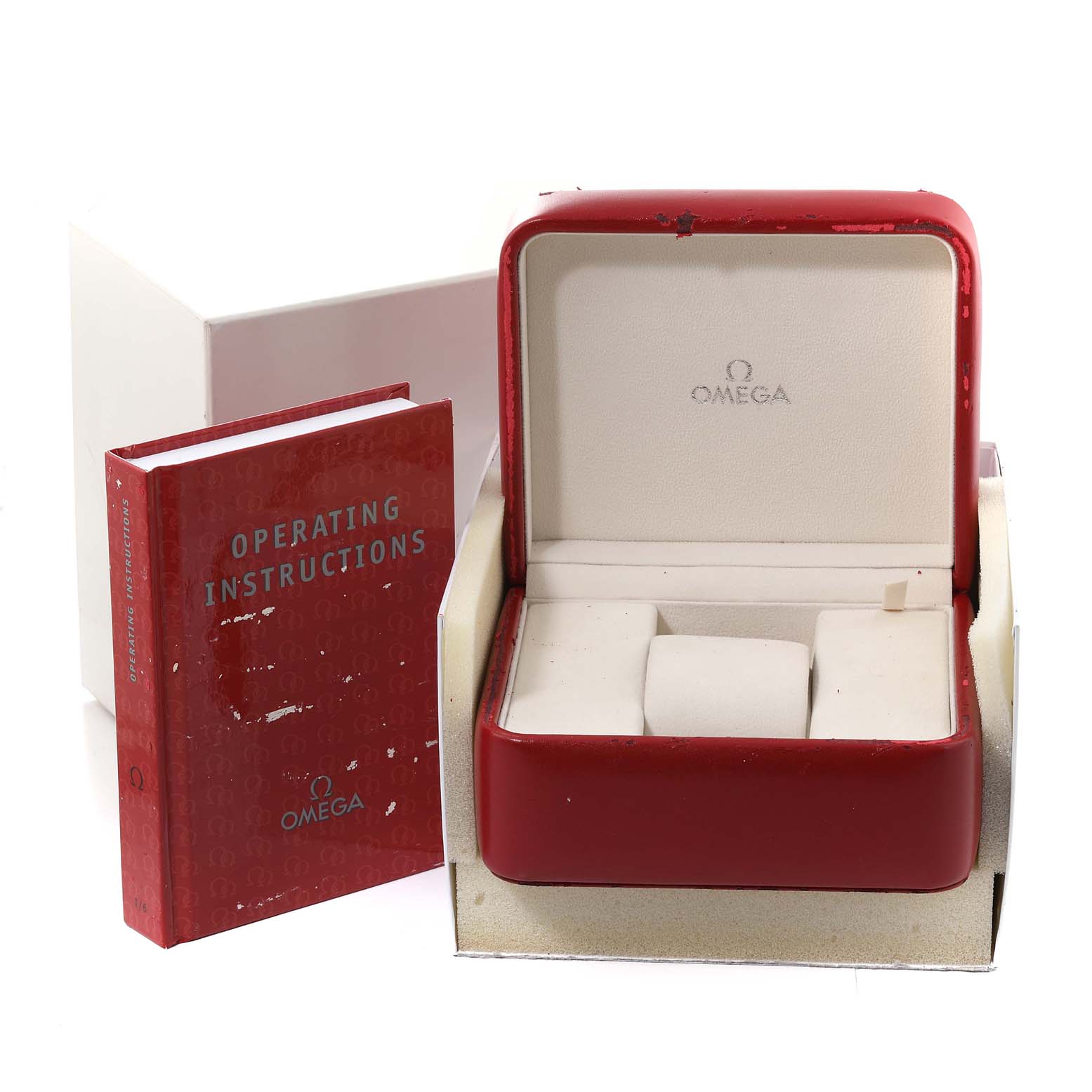 The image shows an Omega Speedmaster 3513.33.00 Men's Stainless Steel Silver Dial 3513.33.00 Men's Stainless Steel Silver Dial watch box and operating instructions manual.