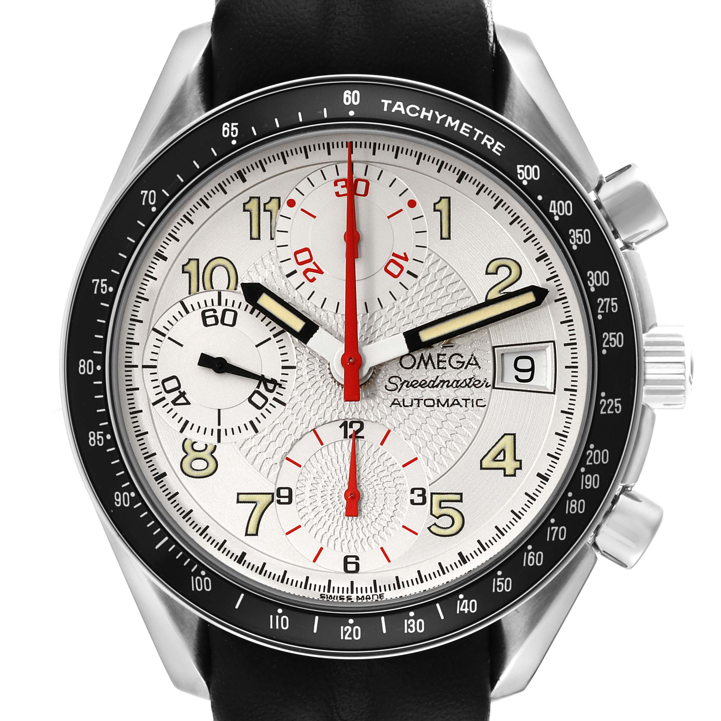 This Omega Speedmaster 3513.33.00 Men's Stainless Steel Silver Dial 3513.33.00 Men's Stainless Steel Silver Dial watch is shown from a front angle, highlighting its dial, bezel, and chronograph pushers.