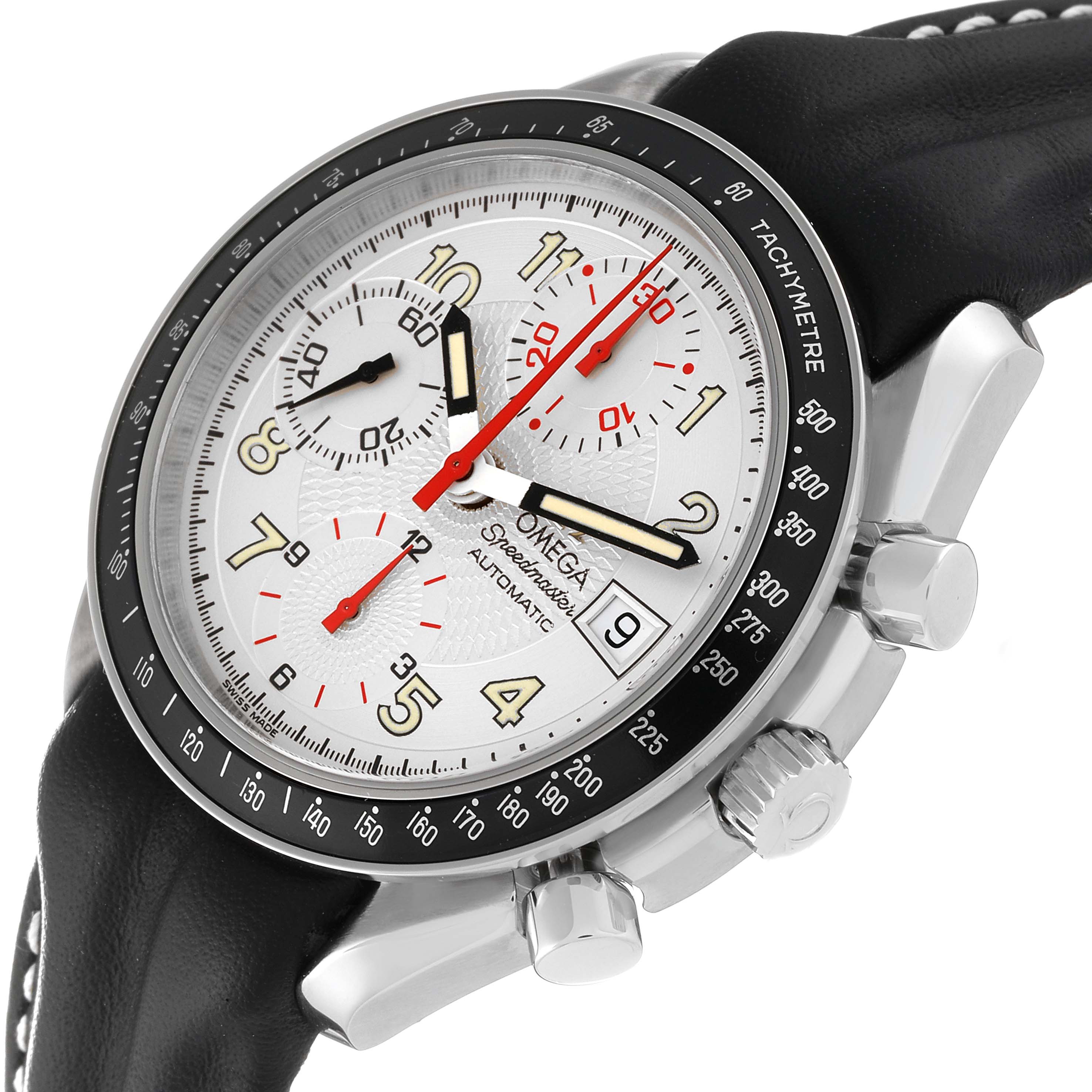 This image shows a close-up of the dial, bezel, and crown of an Omega Speedmaster 3513.33.00 Men's Stainless Steel Silver Dial 3513.33.00 Men's Stainless Steel Silver Dial watch at a slight angle.