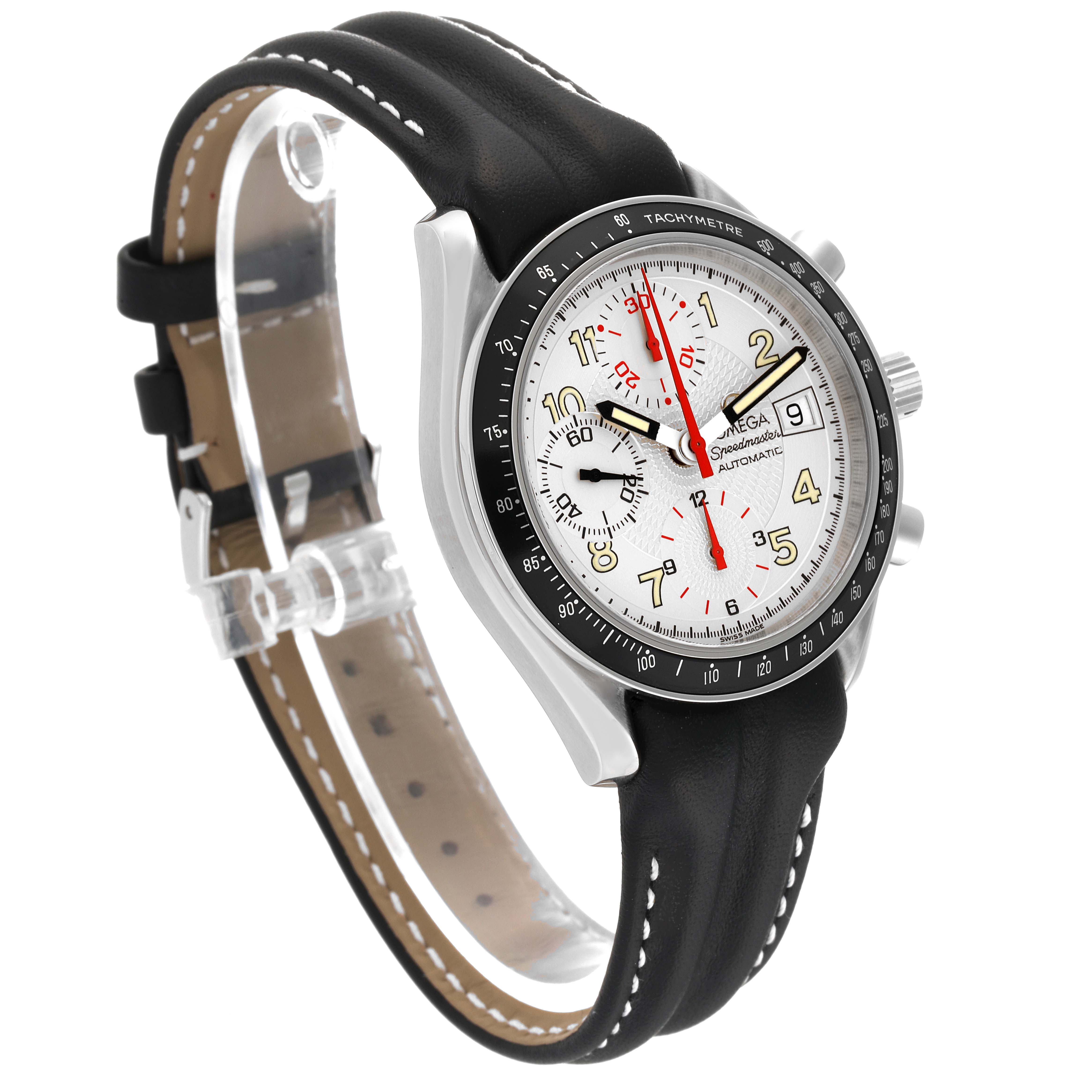 The image shows an angled view of an Omega Speedmaster 3513.33.00 Men's Stainless Steel Silver Dial 3513.33.00 Men's Stainless Steel Silver Dial watch, highlighting its face, bezel, crown, and leather strap.