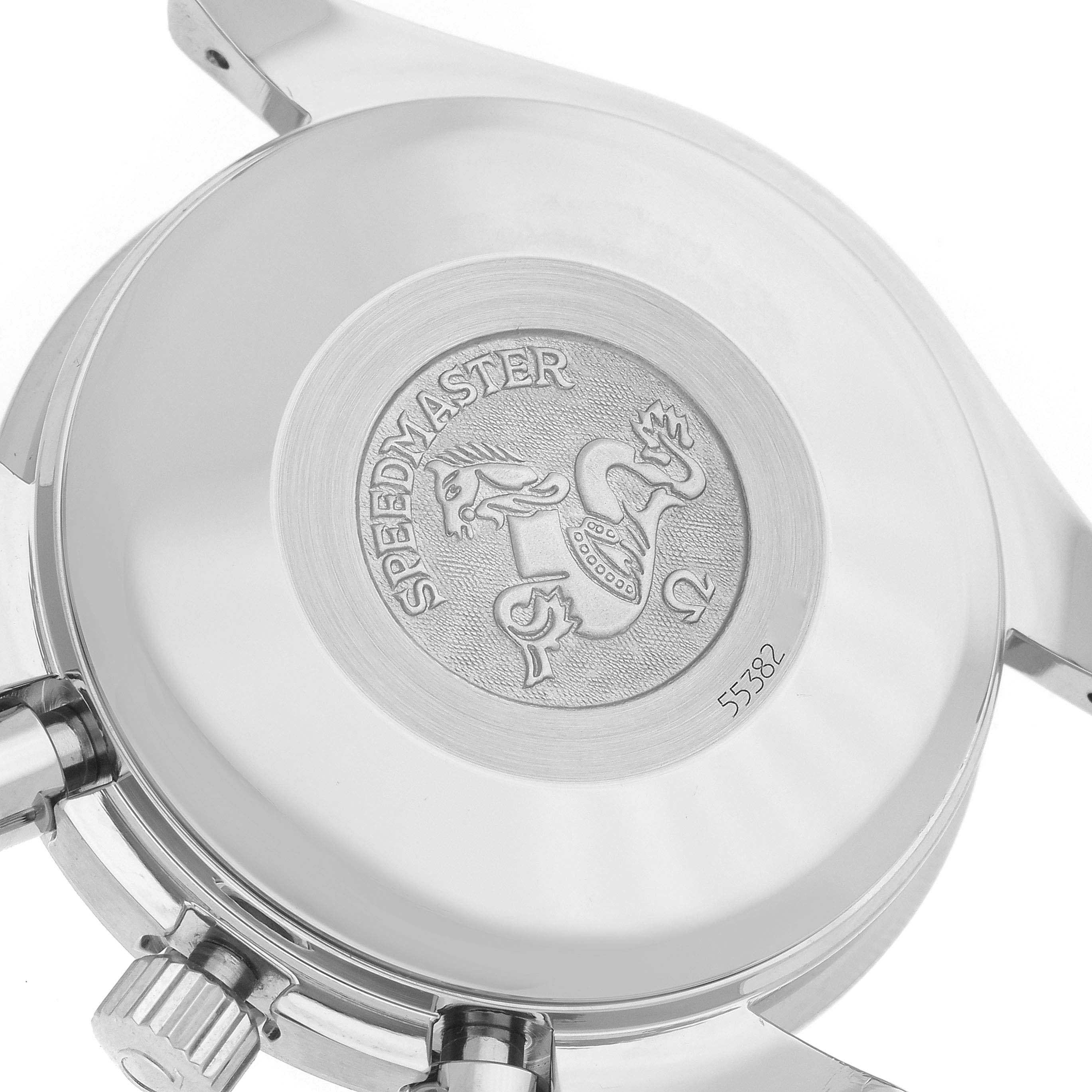 The image shows the engraved case back of an Omega Speedmaster 3513.33.00 Men's Stainless Steel Silver Dial 3513.33.00 Men's Stainless Steel Silver Dial model watch.