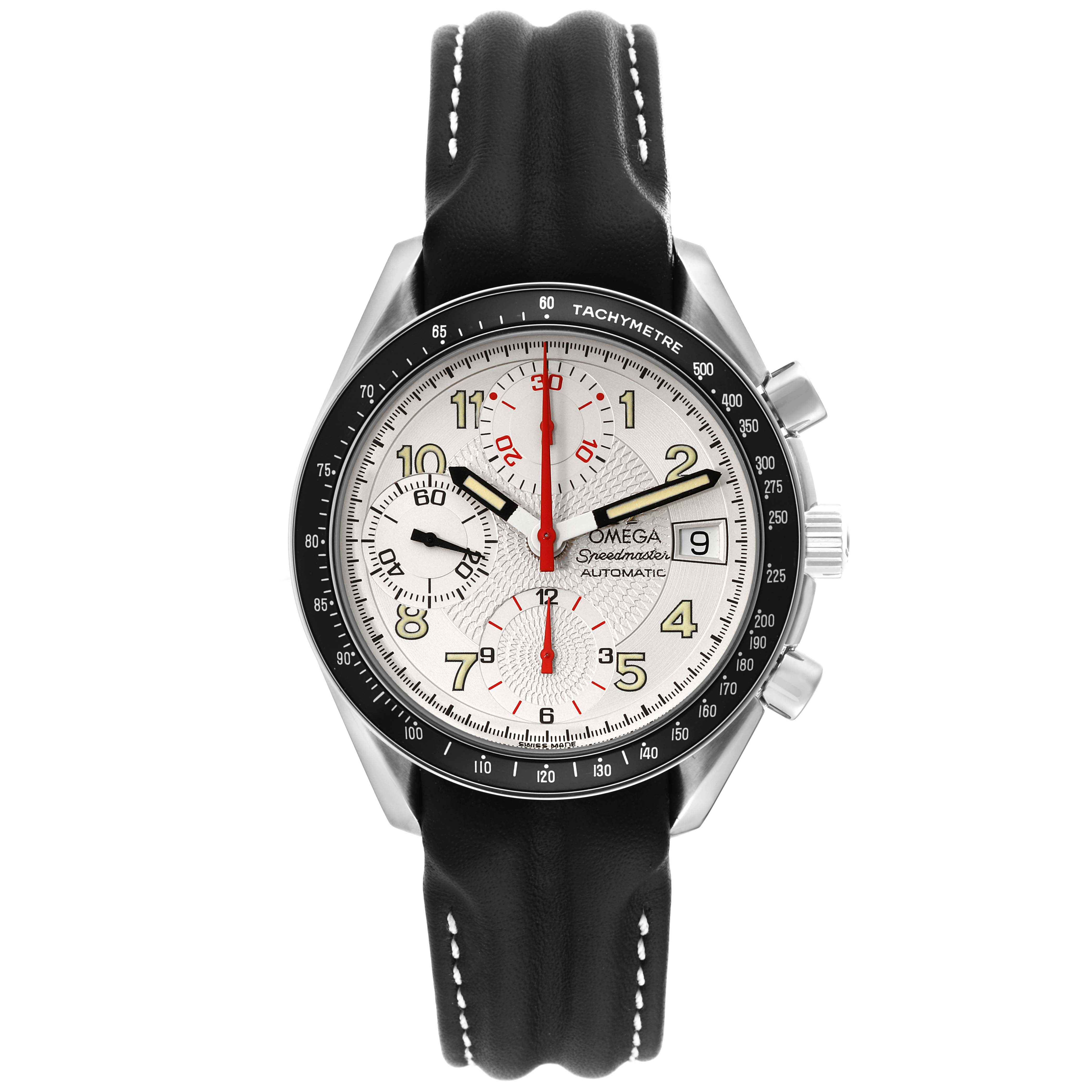 The image shows a front view of the Omega Speedmaster 3513.33.00 Men's Stainless Steel Silver Dial 3513.33.00 Men's Stainless Steel Silver Dial watch, highlighting the dial, sub-dials, tachymeter bezel, and leather strap.