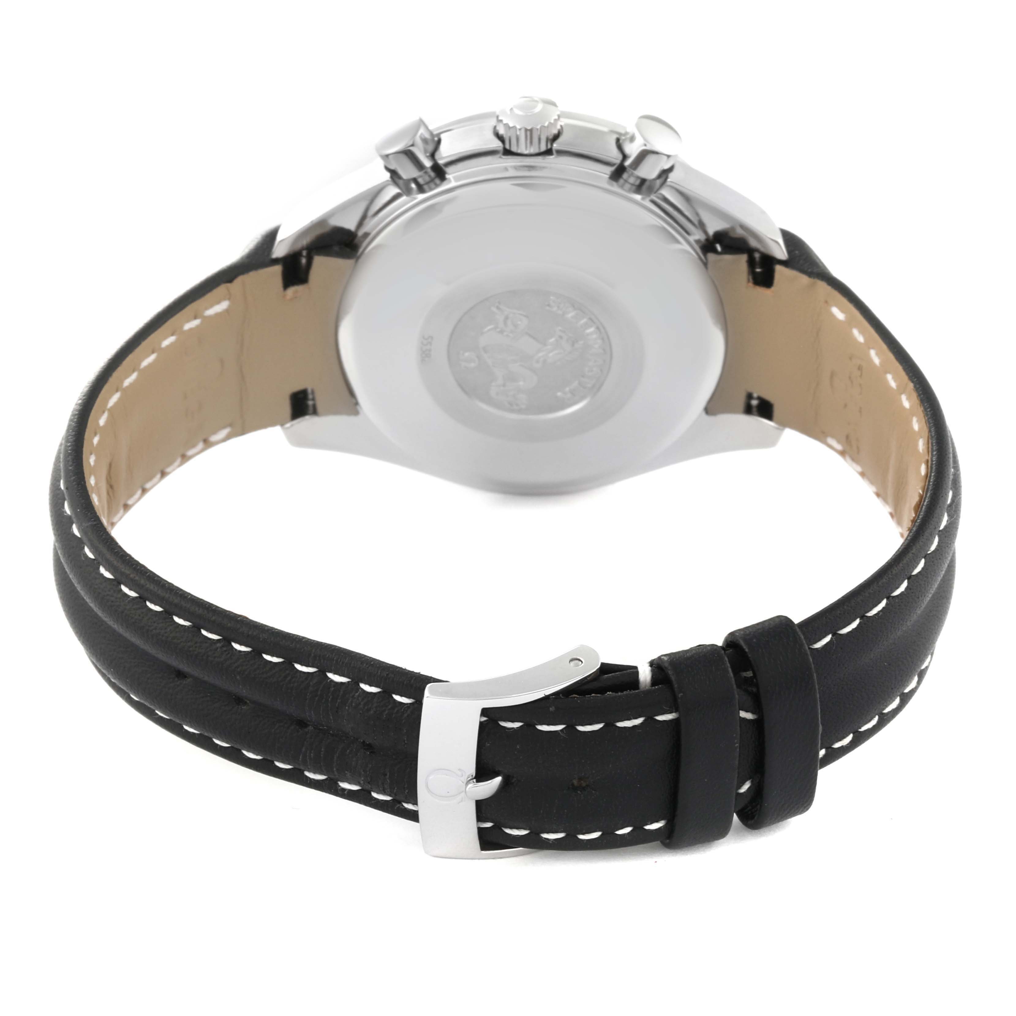 The image shows the back view of the Omega Speedmaster 3513.33.00 Men's Stainless Steel Silver Dial 3513.33.00 Men's Stainless Steel Silver Dial watch, highlighting the case back, buckle, and leather strap.