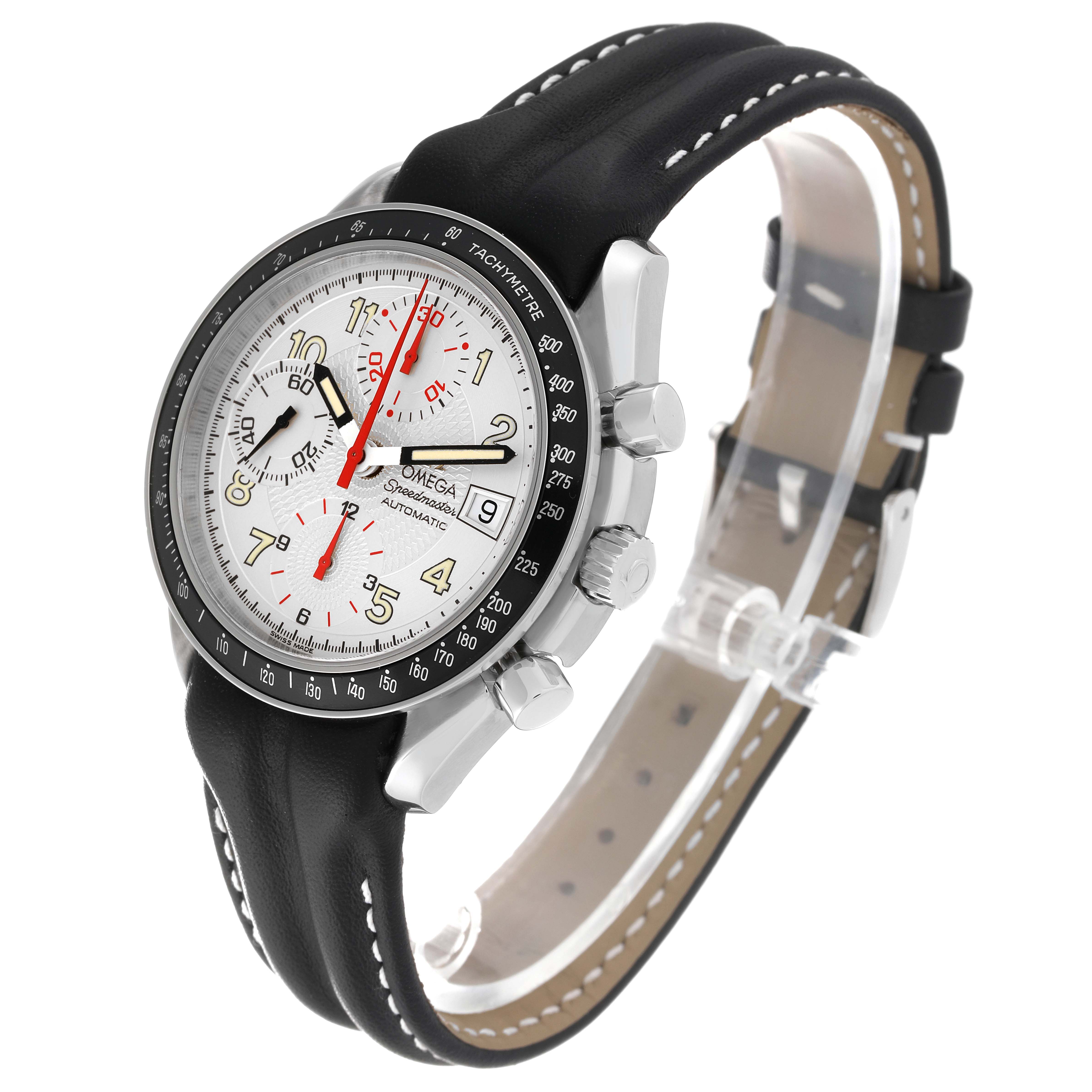 The Omega Speedmaster 3513.33.00 Men's Stainless Steel Silver Dial 3513.33.00 Men's Stainless Steel Silver Dial watch is shown at a three-quarter angle, highlighting the face, bezel, crown, pushers, and strap.