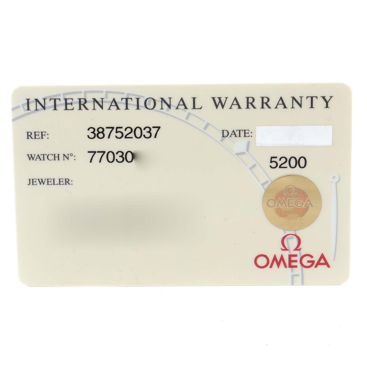 This image shows the International Warranty card for the Omega Speedmaster 3875.20.37 Men's Stainless Steel White Dial 3875.20.37 Men's Stainless Steel White Dial watch model.
