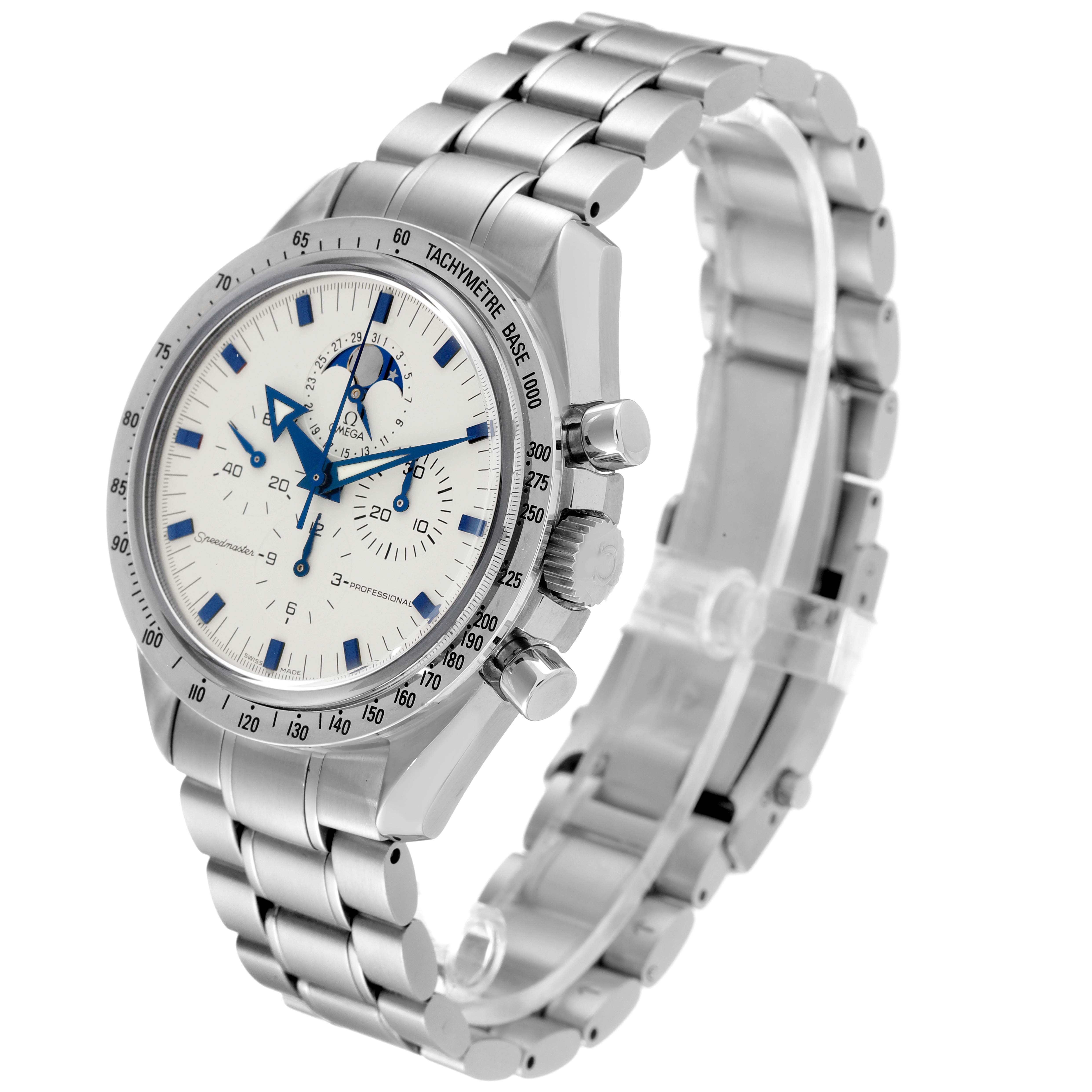 The image shows an angled view of an Omega Speedmaster 3875.20.37 Men's Stainless Steel White Dial 3875.20.37 Men's Stainless Steel White Dial watch with its face, bezel, crown, pushers, and metal bracelet visible.