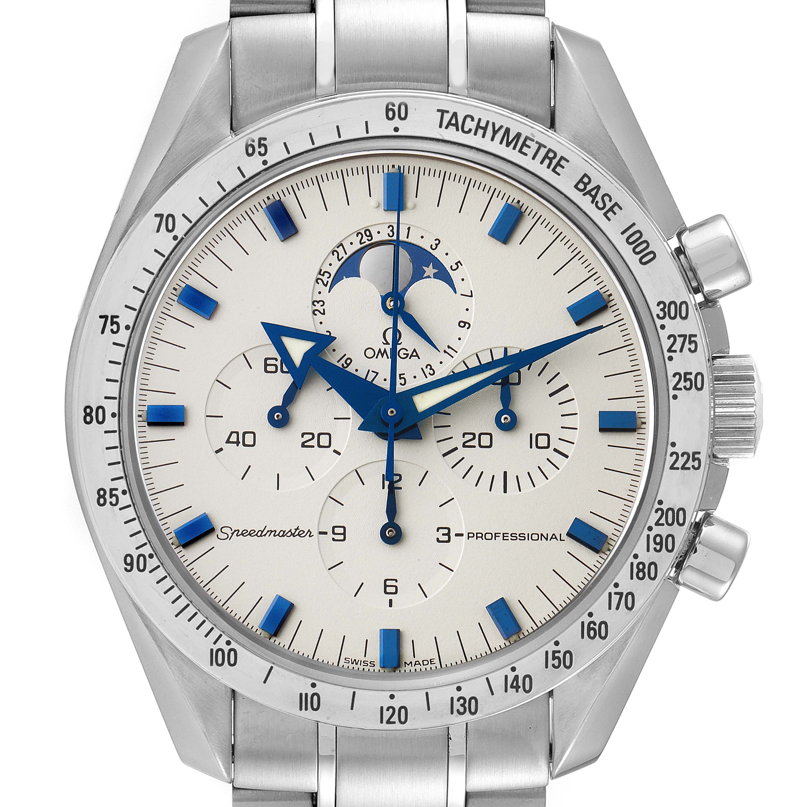 The image shows a frontal view of the Omega Speedmaster 3875.20.37 Men's Stainless Steel White Dial 3875.20.37 Men's Stainless Steel White Dial watch with its face, tachymeter, and bracelet clearly visible.