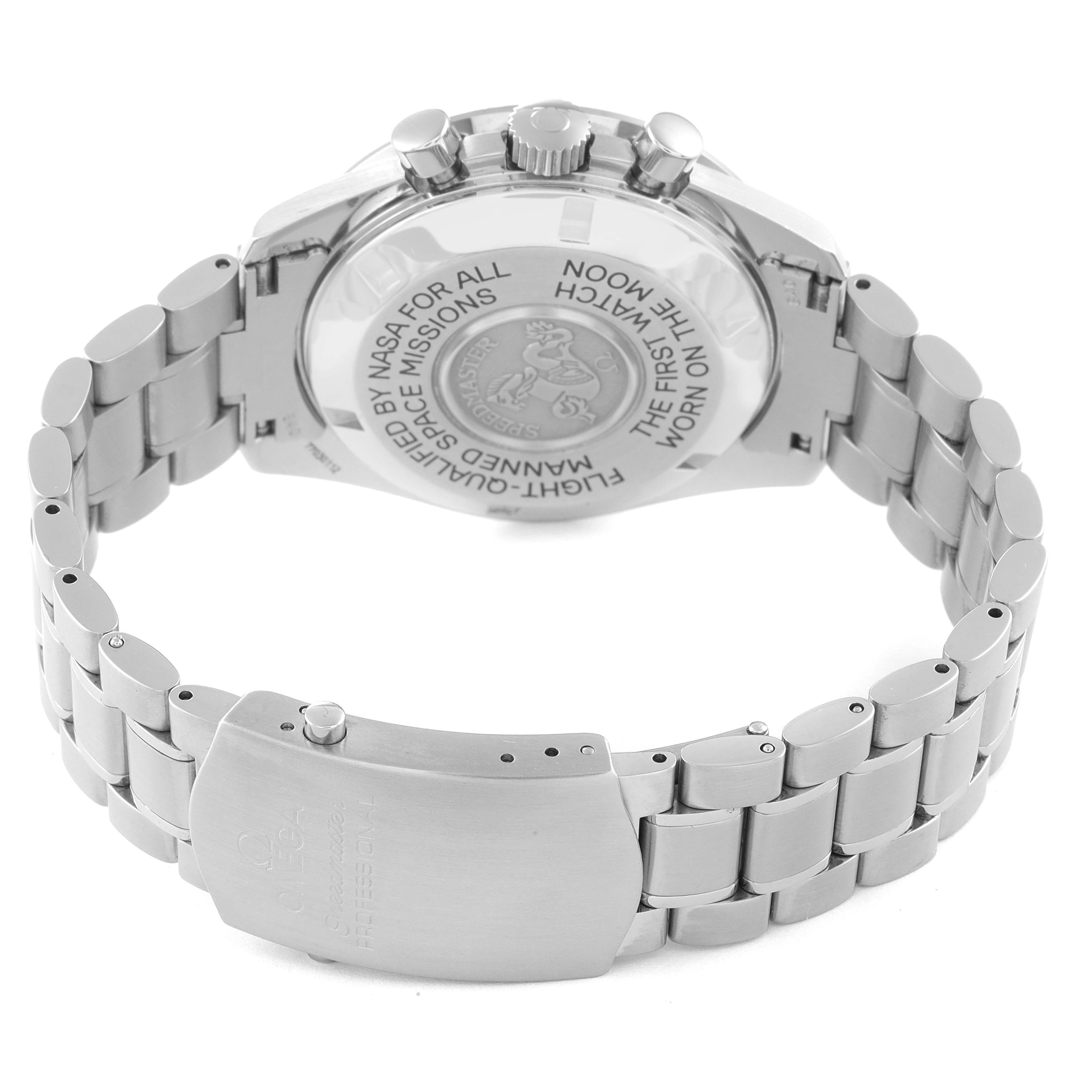 The image shows the back and bracelet of the Omega Speedmaster 3875.20.37 Men's Stainless Steel White Dial 3875.20.37 Men's Stainless Steel White Dial, highlighting the engraved case back and clasp.