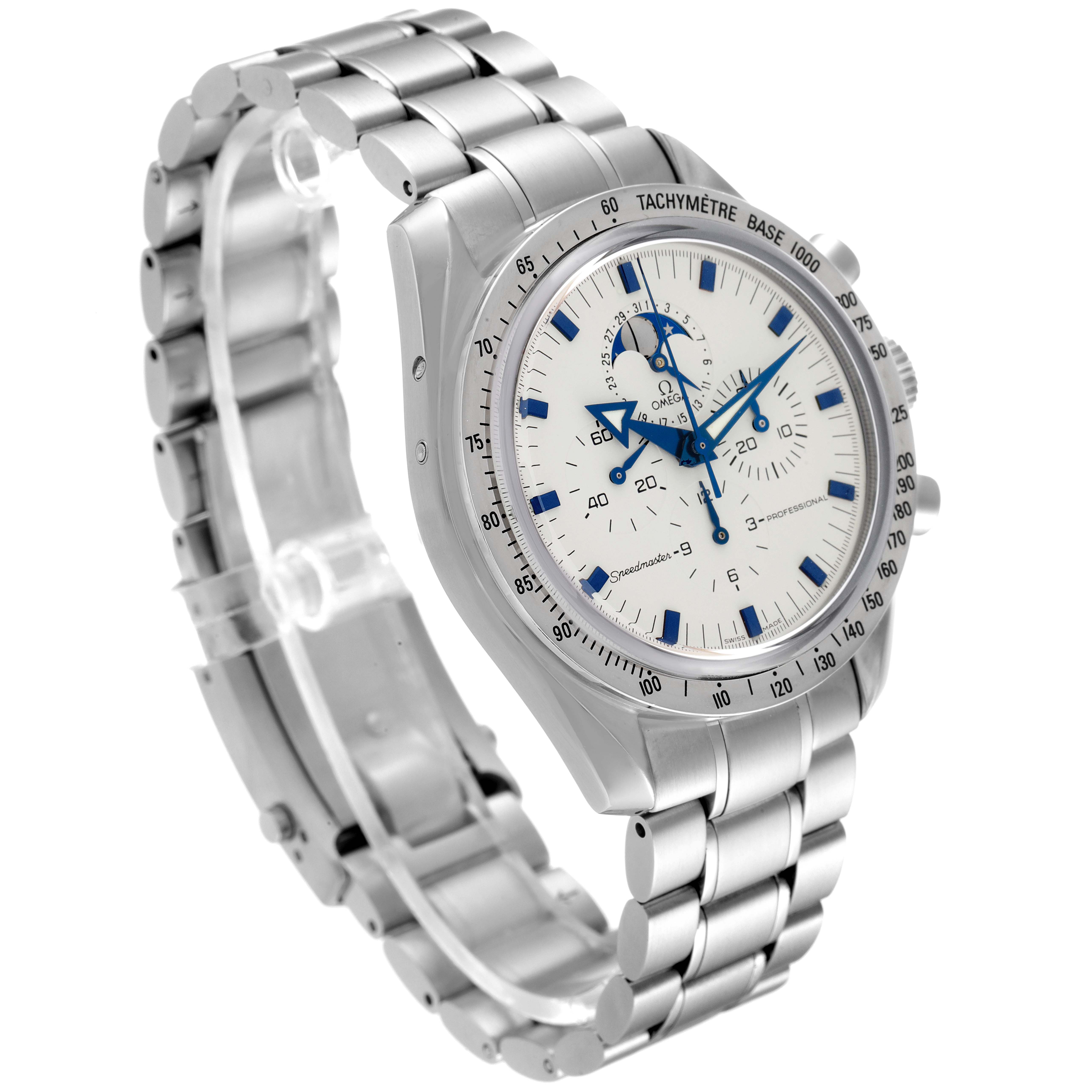 The image shows an Omega Speedmaster 3875.20.37 Men's Stainless Steel White Dial 3875.20.37 Men's Stainless Steel White Dial watch from an angled side view, highlighting the face, bezel, bracelet, and clasp.