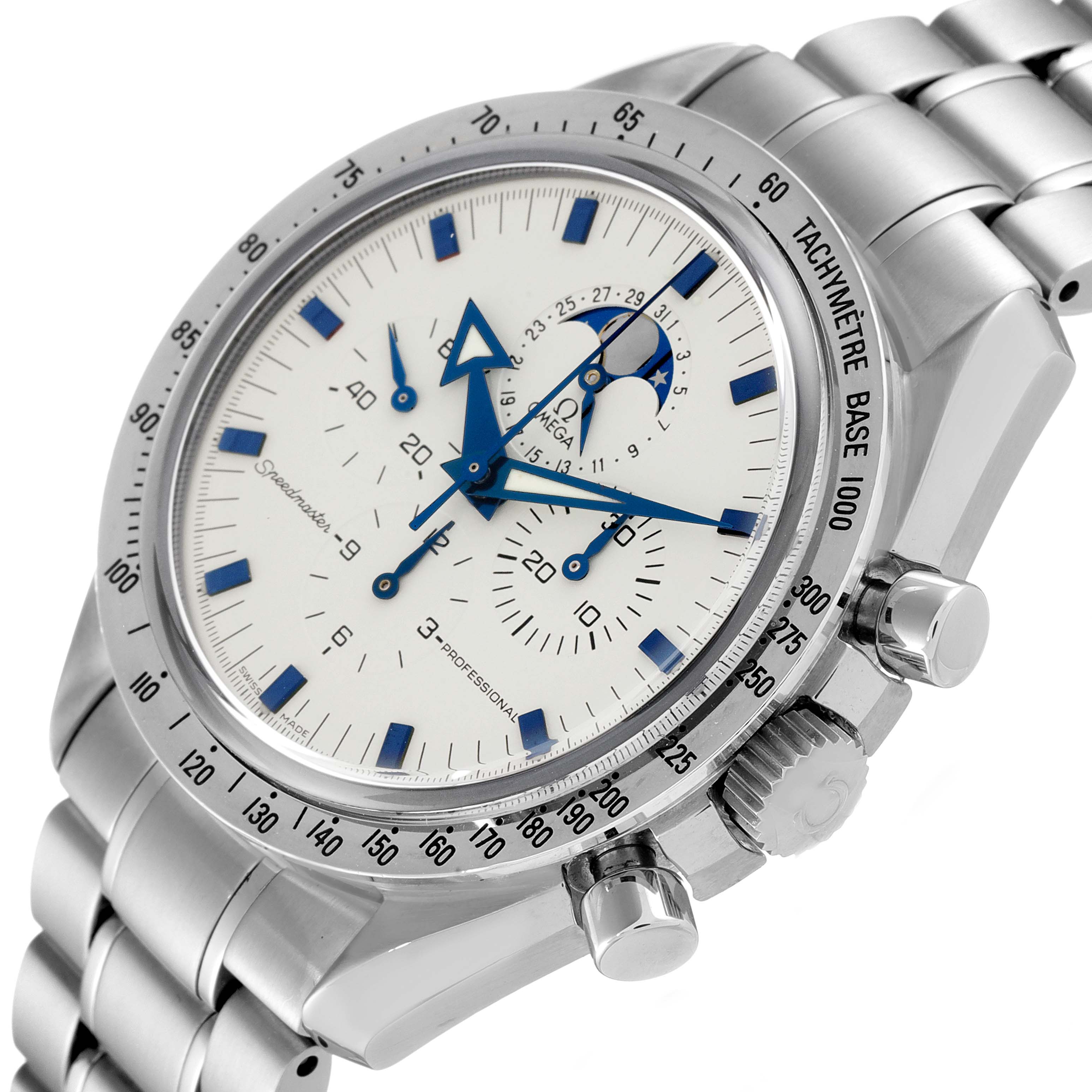The image shows an angled view of the Omega Speedmaster 3875.20.37 Men's Stainless Steel White Dial 3875.20.37 Men's Stainless Steel White Dial watch, highlighting the face, tachymeter bezel, chronograph functions, and stainless steel bracelet.