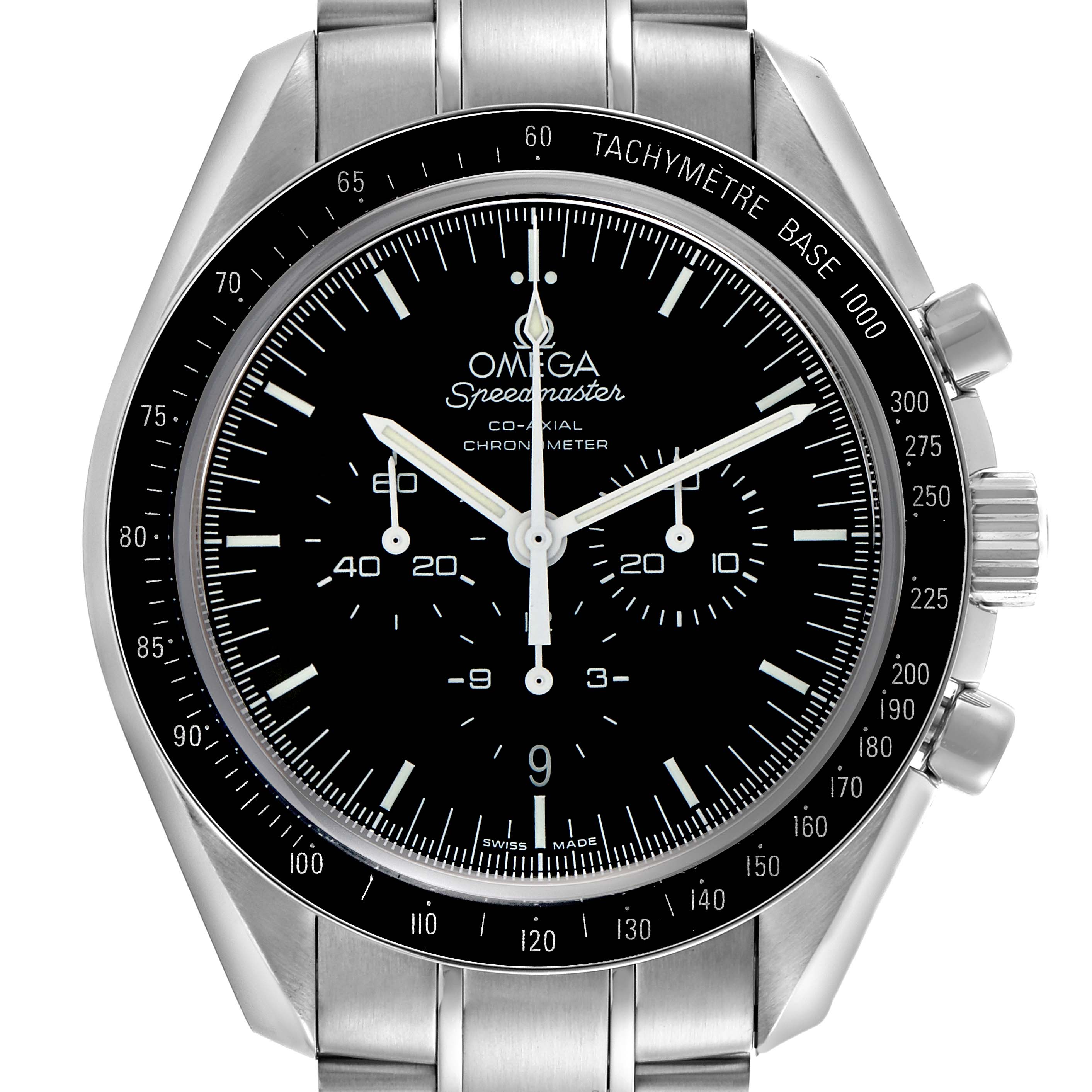 The Omega Speedmaster 311.30.44.50.01.002 Men's Stainless Steel Black Dial 311.30.44.50.01.002 Men's Stainless Steel Black Dial watch is shown from a front angle, highlighting the dial, bezel, and pushers.