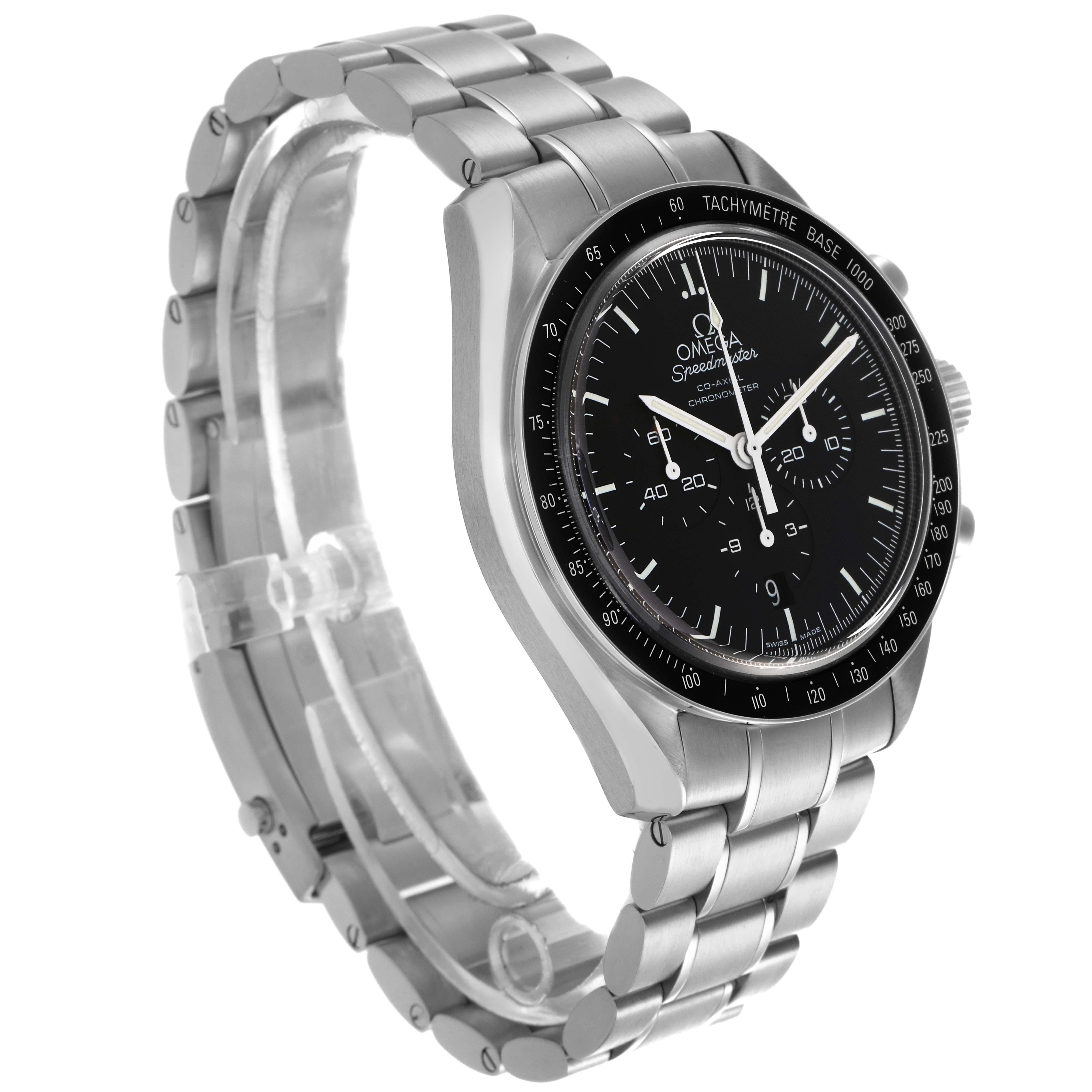 The Omega Speedmaster 311.30.44.50.01.002 Men's Stainless Steel Black Dial 311.30.44.50.01.002 Men's Stainless Steel Black Dial watch is shown at a three-quarter angle, displaying the dial, bezel, and stainless steel bracelet.