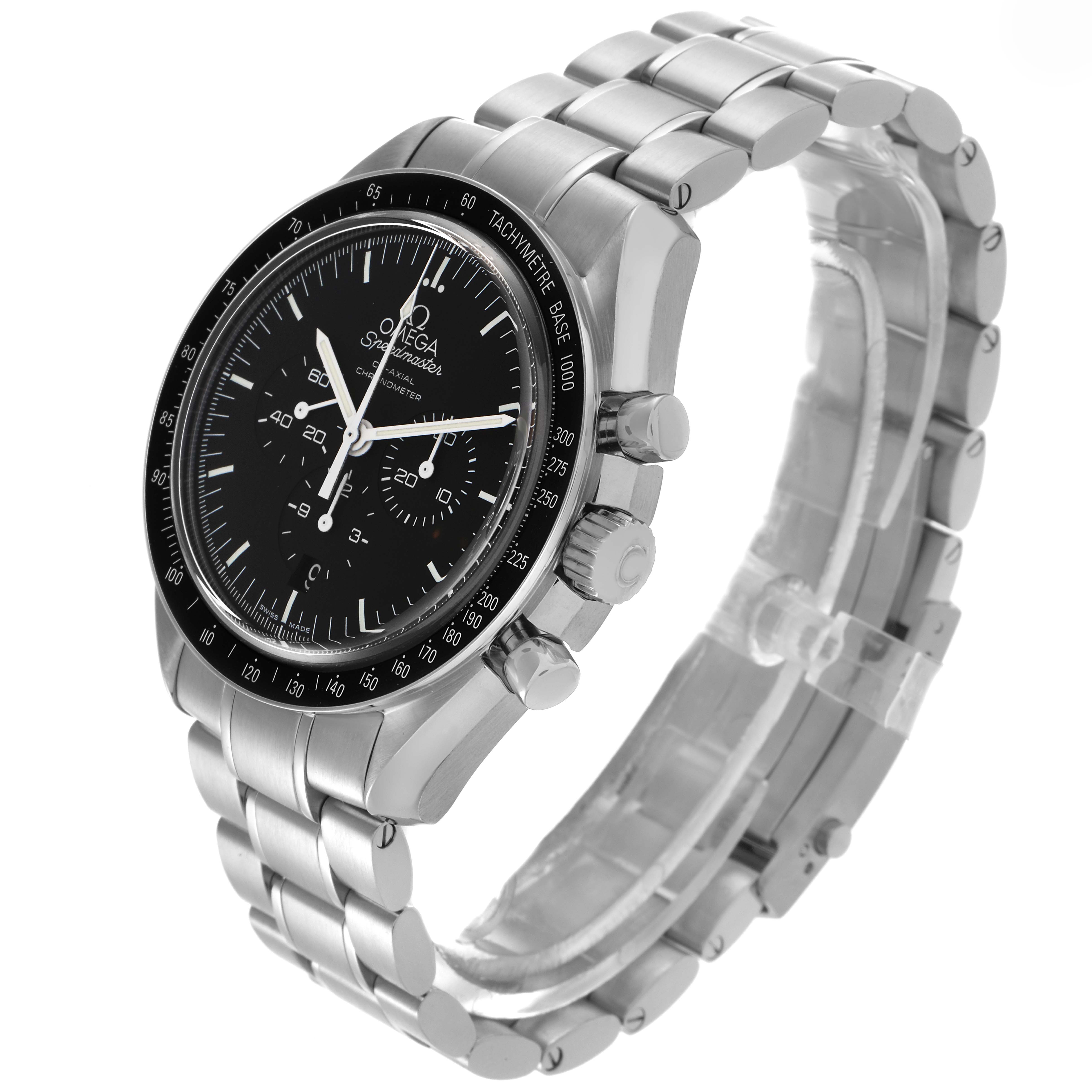 The Omega Speedmaster 311.30.44.50.01.002 Men's Stainless Steel Black Dial 311.30.44.50.01.002 Men's Stainless Steel Black Dial is shown at an angle showcasing the dial, bezel, crown, chronograph buttons, and bracelet.