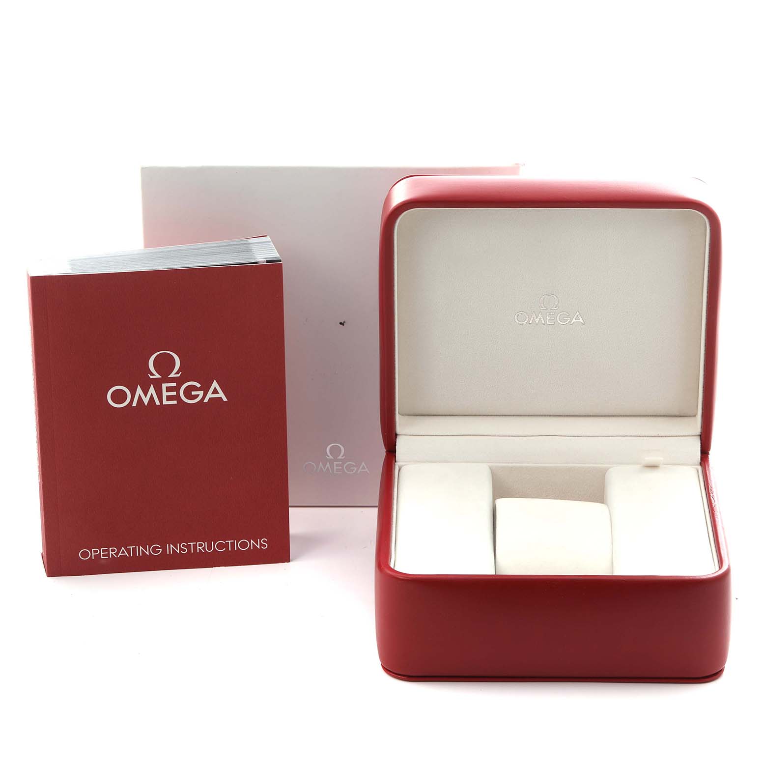 The image shows an Omega Speedmaster 311.30.44.50.01.002 Men's Stainless Steel Black Dial 311.30.44.50.01.002 Men's Stainless Steel Black Dial watch's red case and operating instructions book.