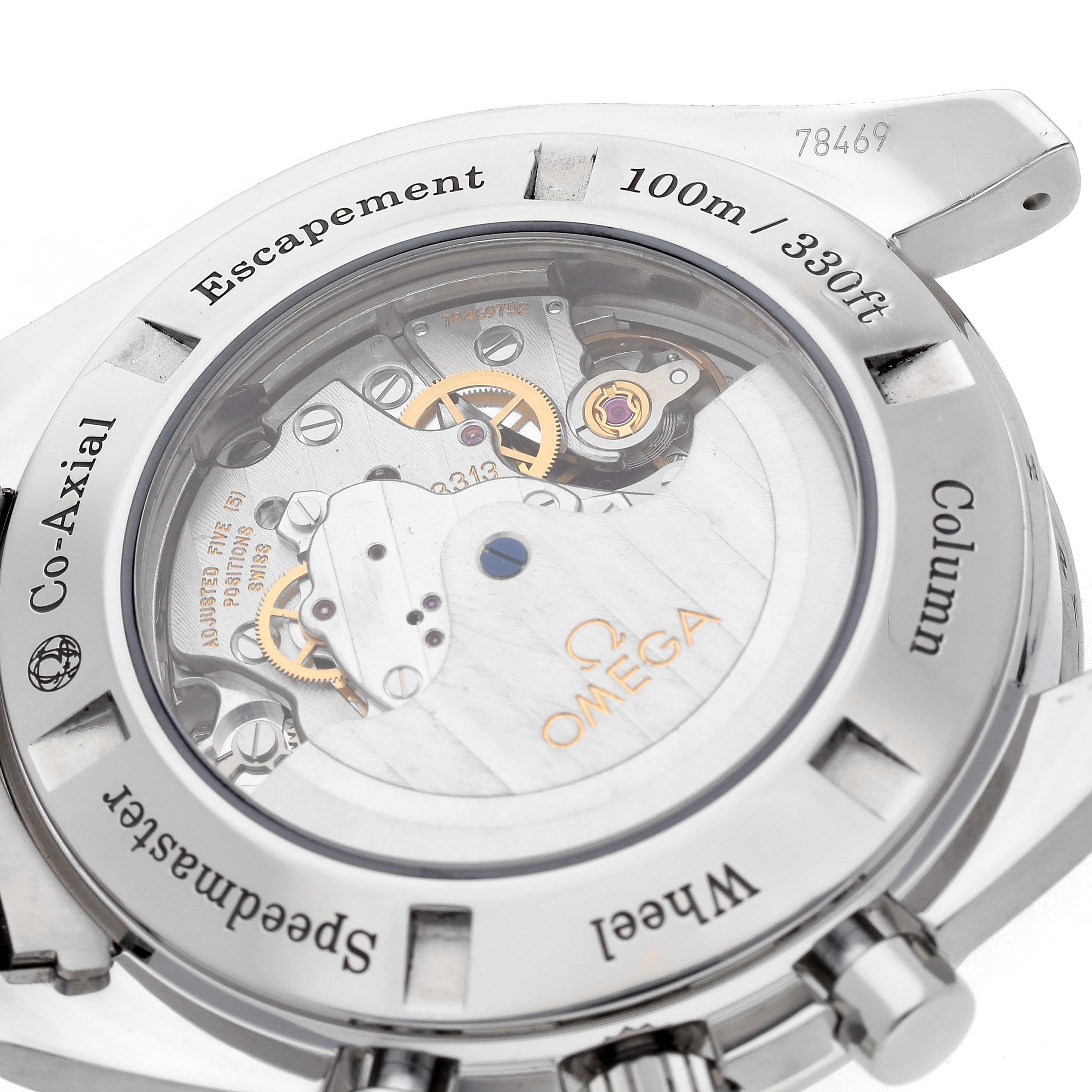 The image shows the back of an Omega Speedmaster 311.30.44.50.01.002 Men's Stainless Steel Black Dial 311.30.44.50.01.002 Men's Stainless Steel Black Dial watch, highlighting its Co-Axial movement and transparent case back.