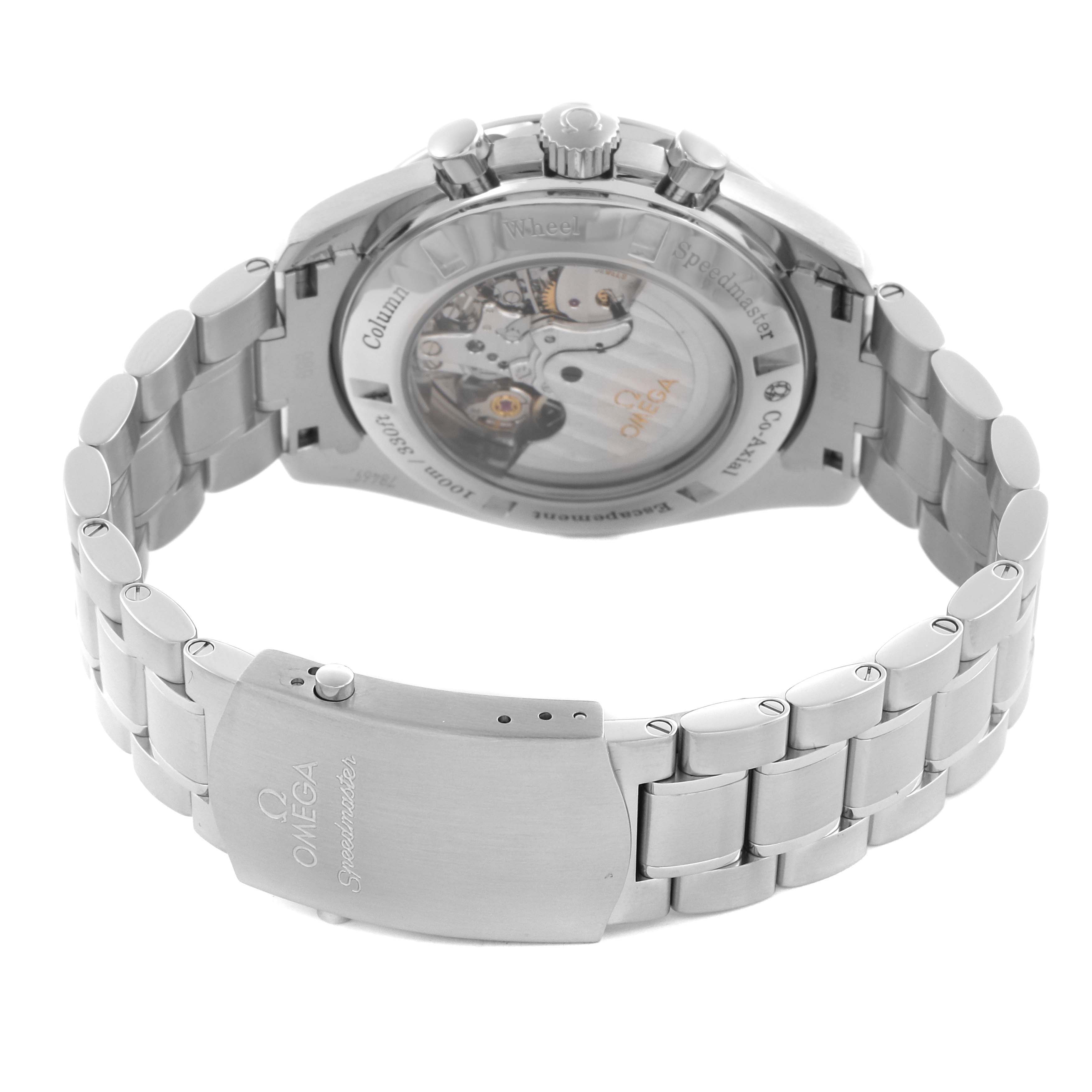 The image shows the back and bracelet of an Omega Speedmaster 311.30.44.50.01.002 Men's Stainless Steel Black Dial 311.30.44.50.01.002 Men's Stainless Steel Black Dial watch, highlighting its transparent case back and clasp.