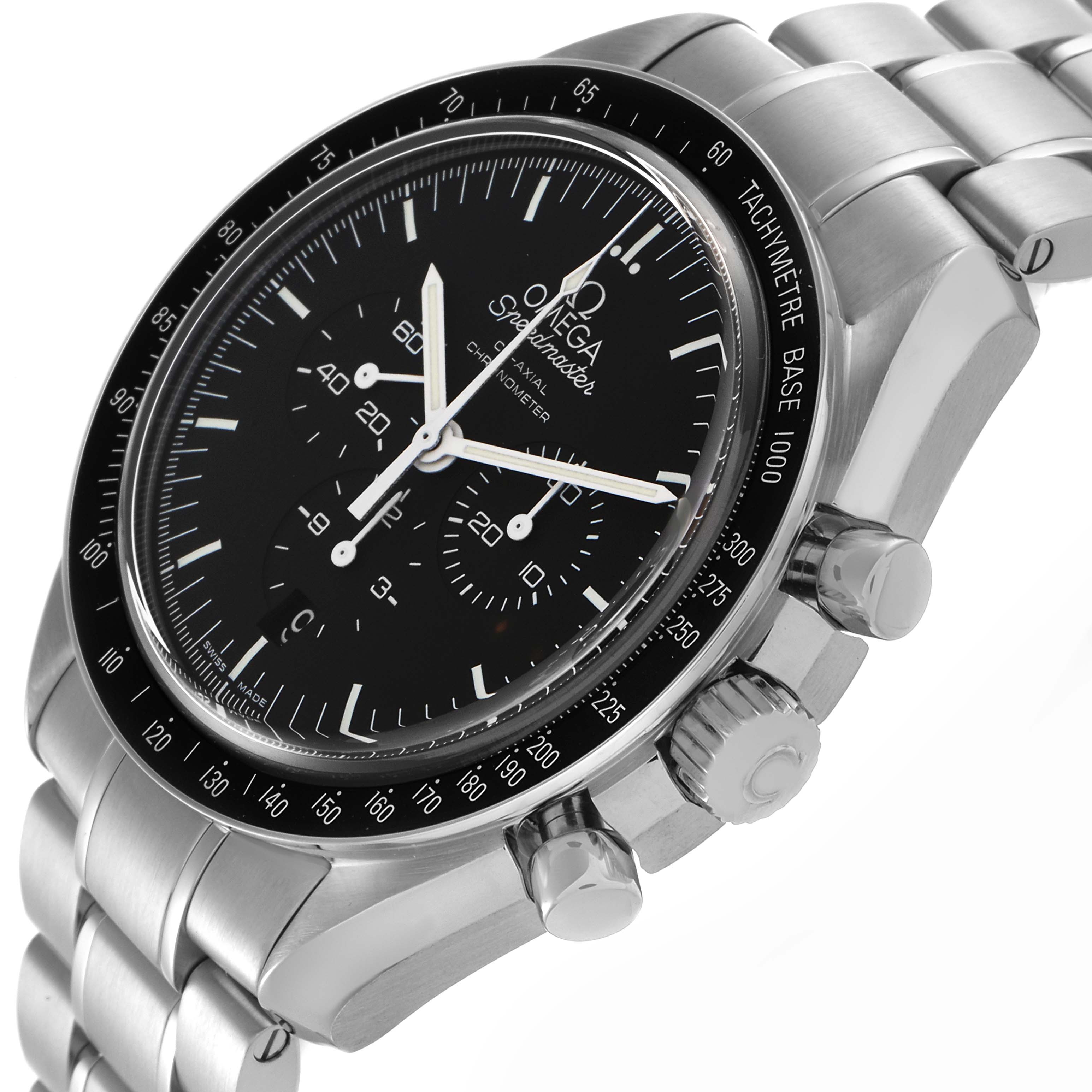 The Omega Speedmaster 311.30.44.50.01.002 Men's Stainless Steel Black Dial 311.30.44.50.01.002 Men's Stainless Steel Black Dial watch is shown at a three-quarter angle displaying the face, bezel with tachymeter, crown, and pushers.