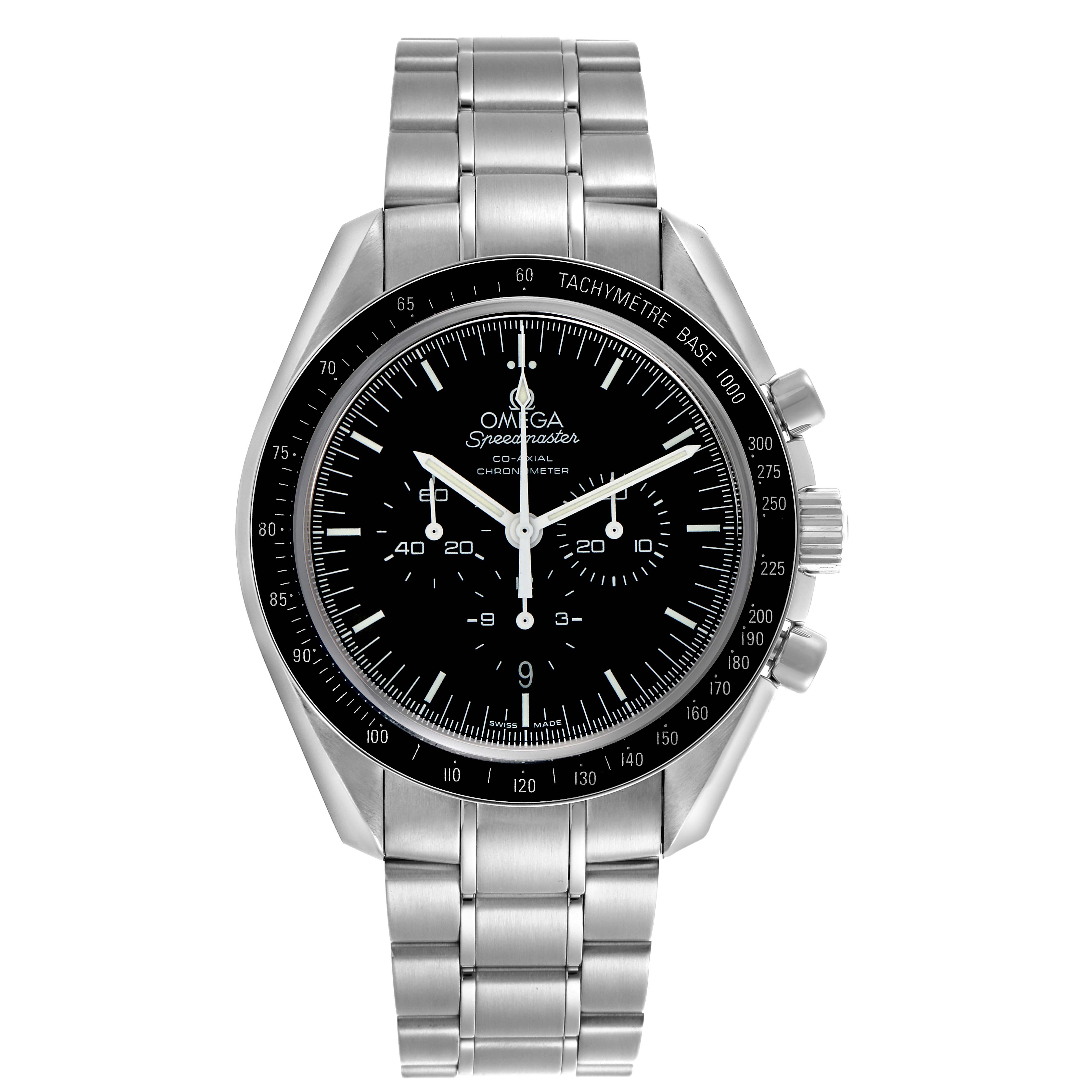 The Omega Speedmaster 311.30.44.50.01.002 Men's Stainless Steel Black Dial 311.30.44.50.01.002 Men's Stainless Steel Black Dial watch is shown from a front view, displaying its dial, bezel, chronograph sub-dials, and stainless steel bracelet.