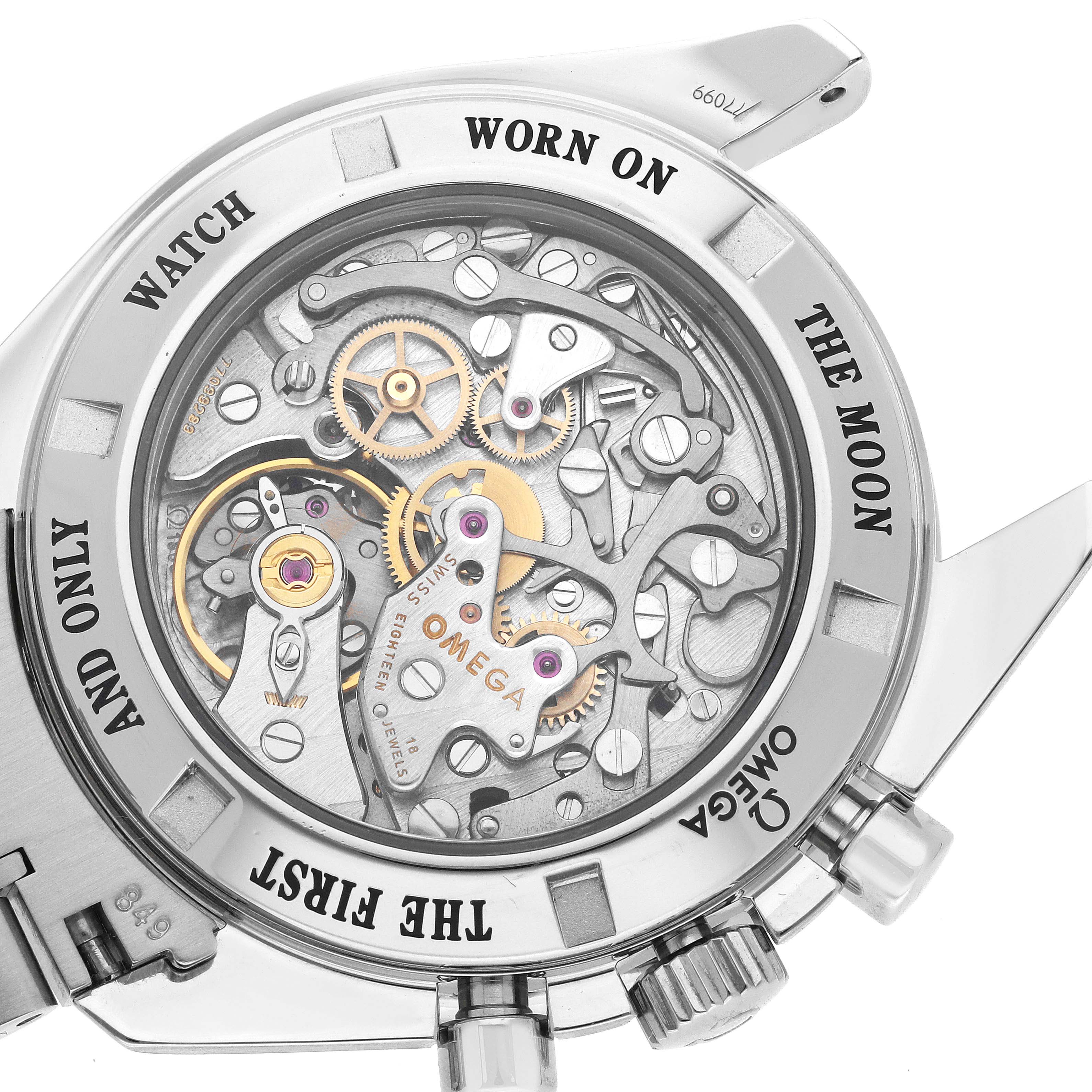 The image shows the back view of an Omega Speedmaster 3573.50.00 Men
s Stainless Steel Black Dial 3573.50.00 Men
s Stainless Steel Black Dial watch, highlighting its intricate mechanical movements.