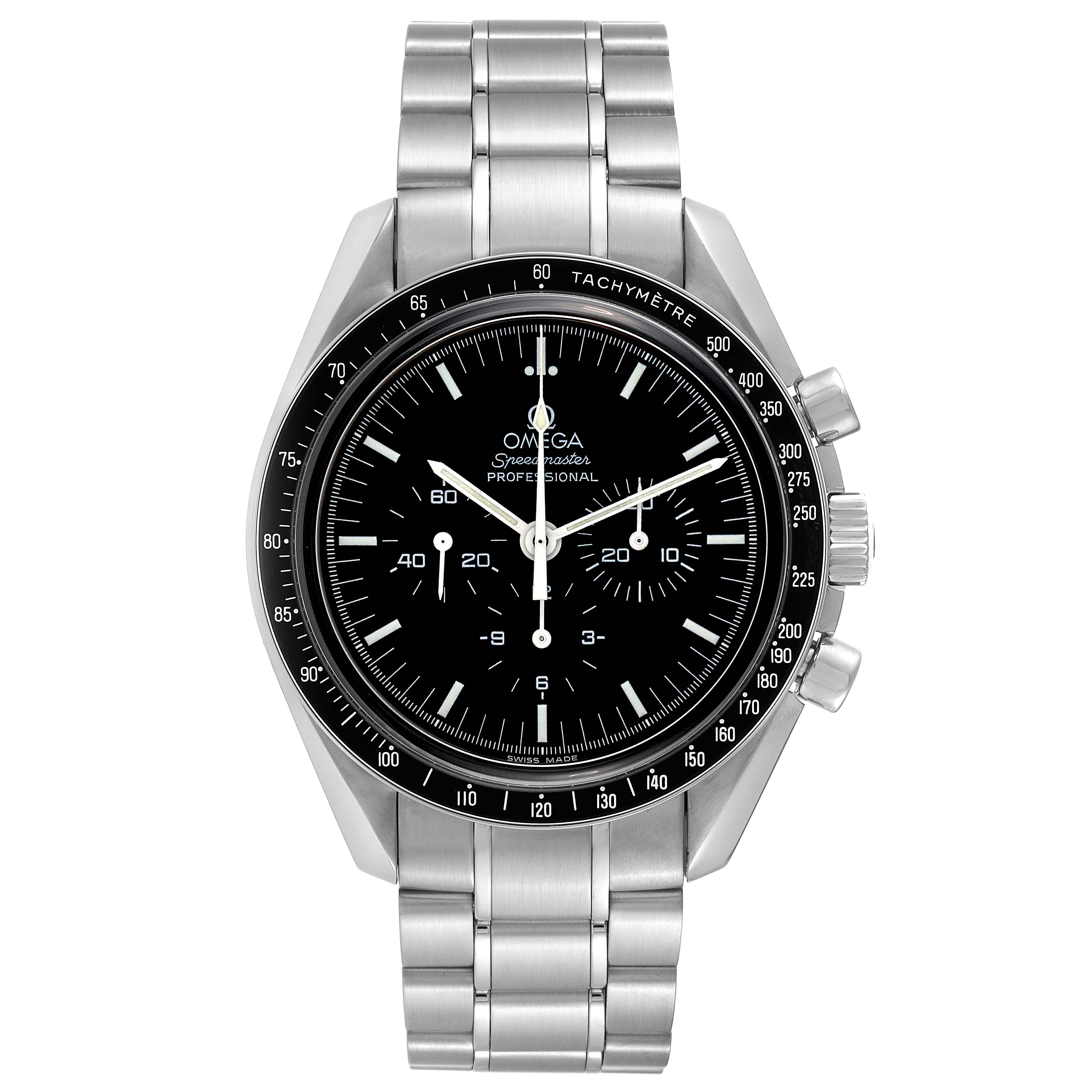 The image shows a front view of the Omega Speedmaster 3573.50.00 Men
s Stainless Steel Black Dial 3573.50.00 Men
s Stainless Steel Black Dial Professional watch, detailing its face, bezel, and bracelet.