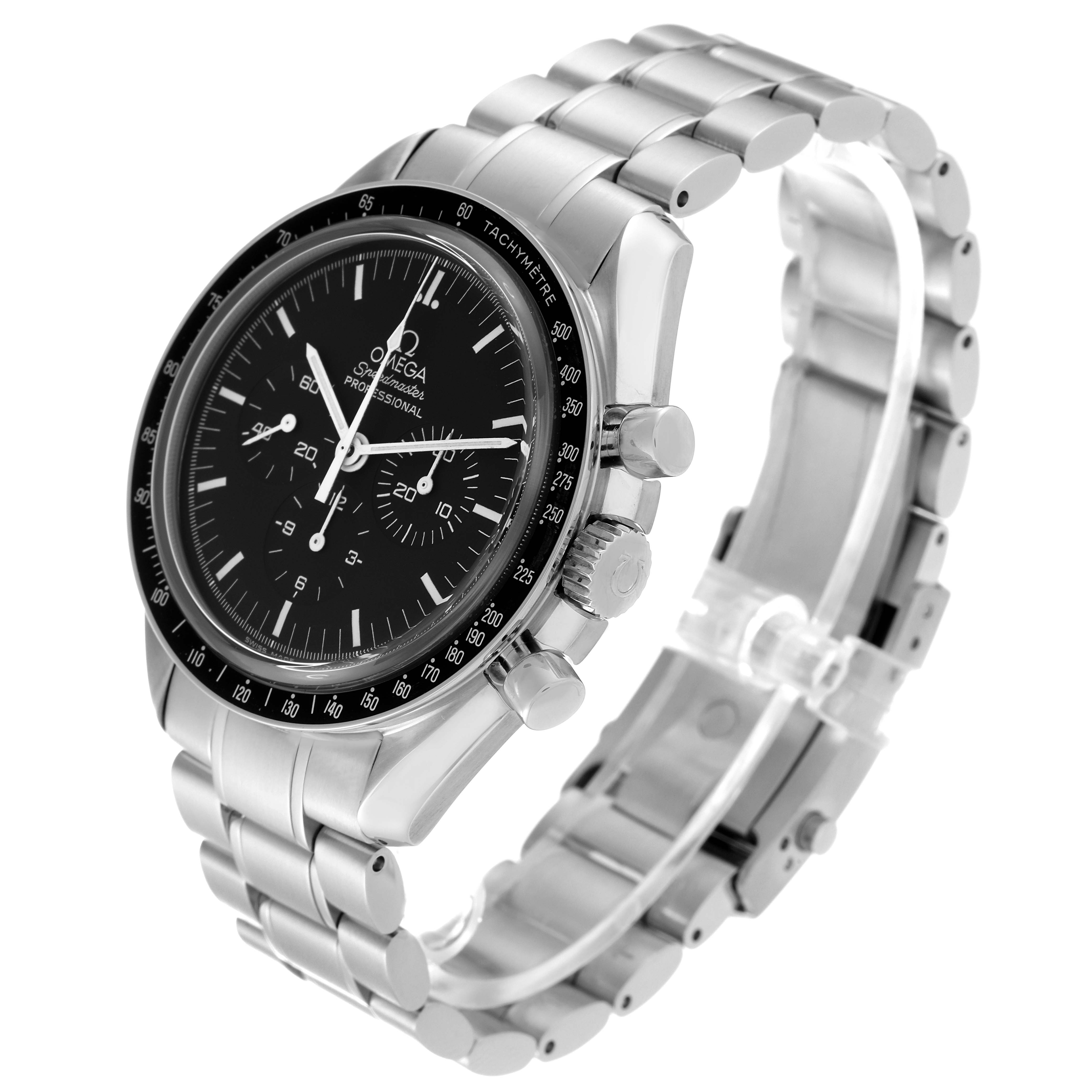 The Omega Speedmaster 3573.50.00 Men
s Stainless Steel Black Dial 3573.50.00 Men
s Stainless Steel Black Dial watch is shown at an angle, displaying its face, bezel, pushers, and stainless steel bracelet.