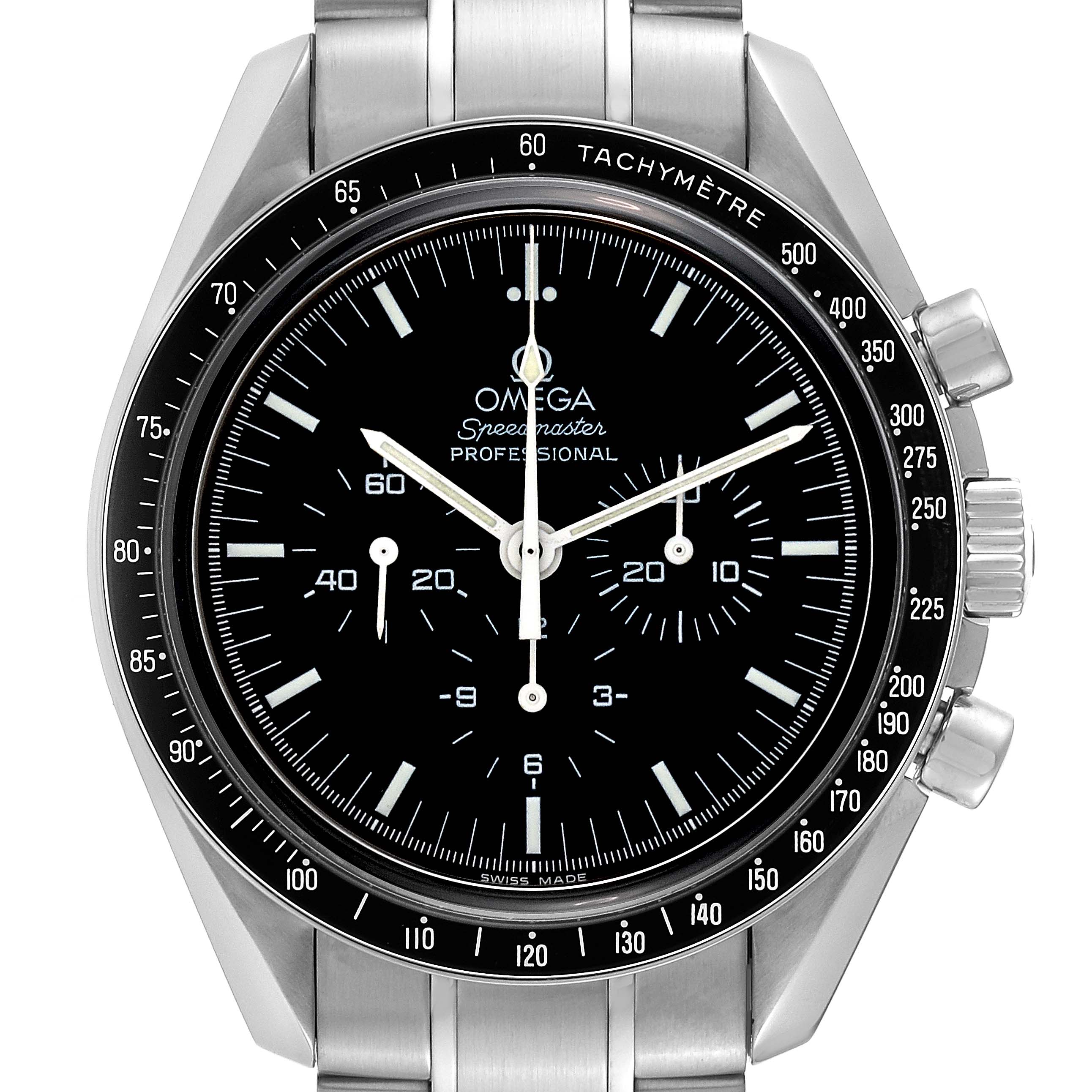 This image shows a front view of an Omega Speedmaster 3573.50.00 Men
s Stainless Steel Black Dial 3573.50.00 Men
s Stainless Steel Black Dial watch, highlighting the dial, tachymeter bezel, and stainless steel bracelet.
