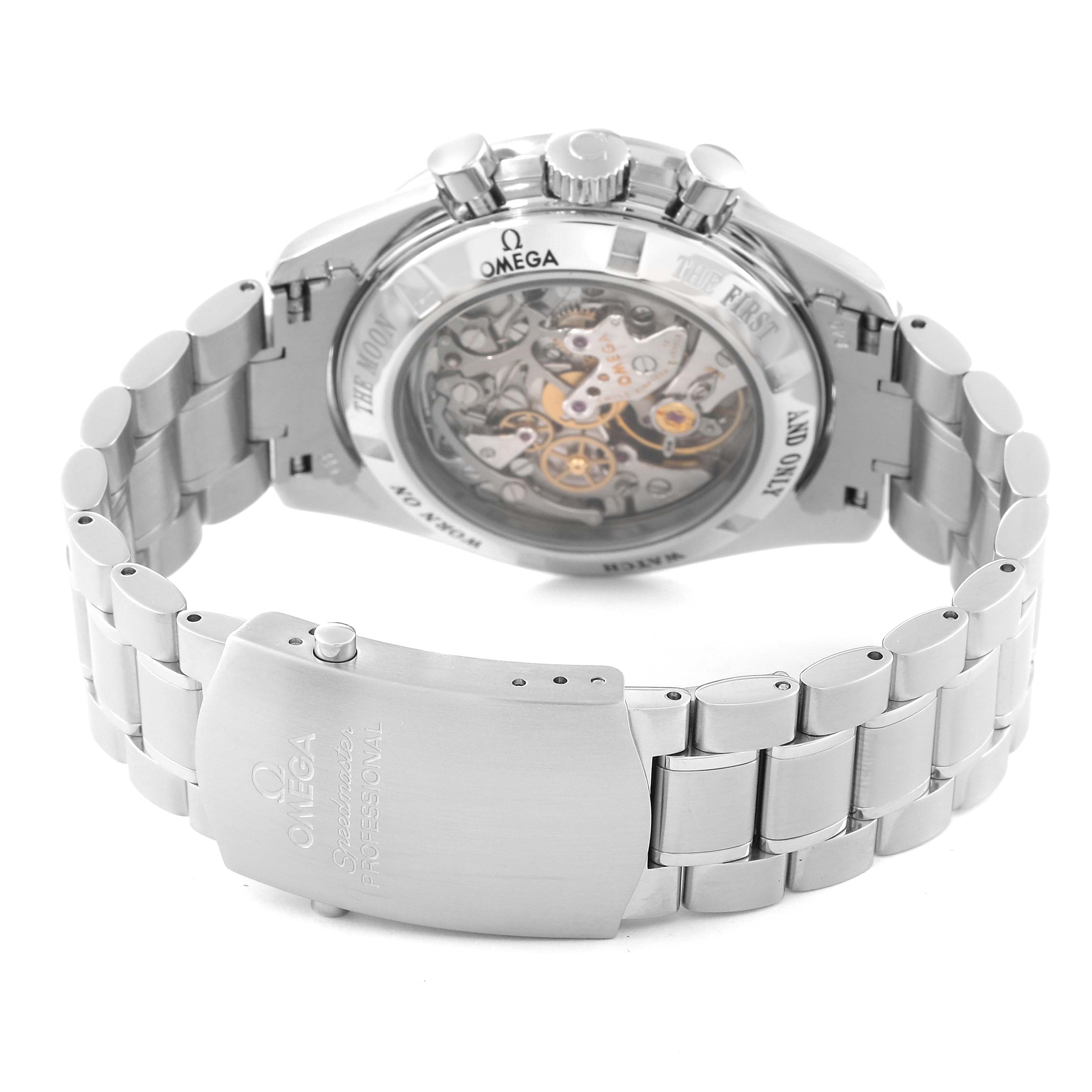 This image shows the Omega Speedmaster 3573.50.00 Men
s Stainless Steel Black Dial 3573.50.00 Men
s Stainless Steel Black Dial watch from the back, highlighting its transparent case back and stainless steel bracelet.