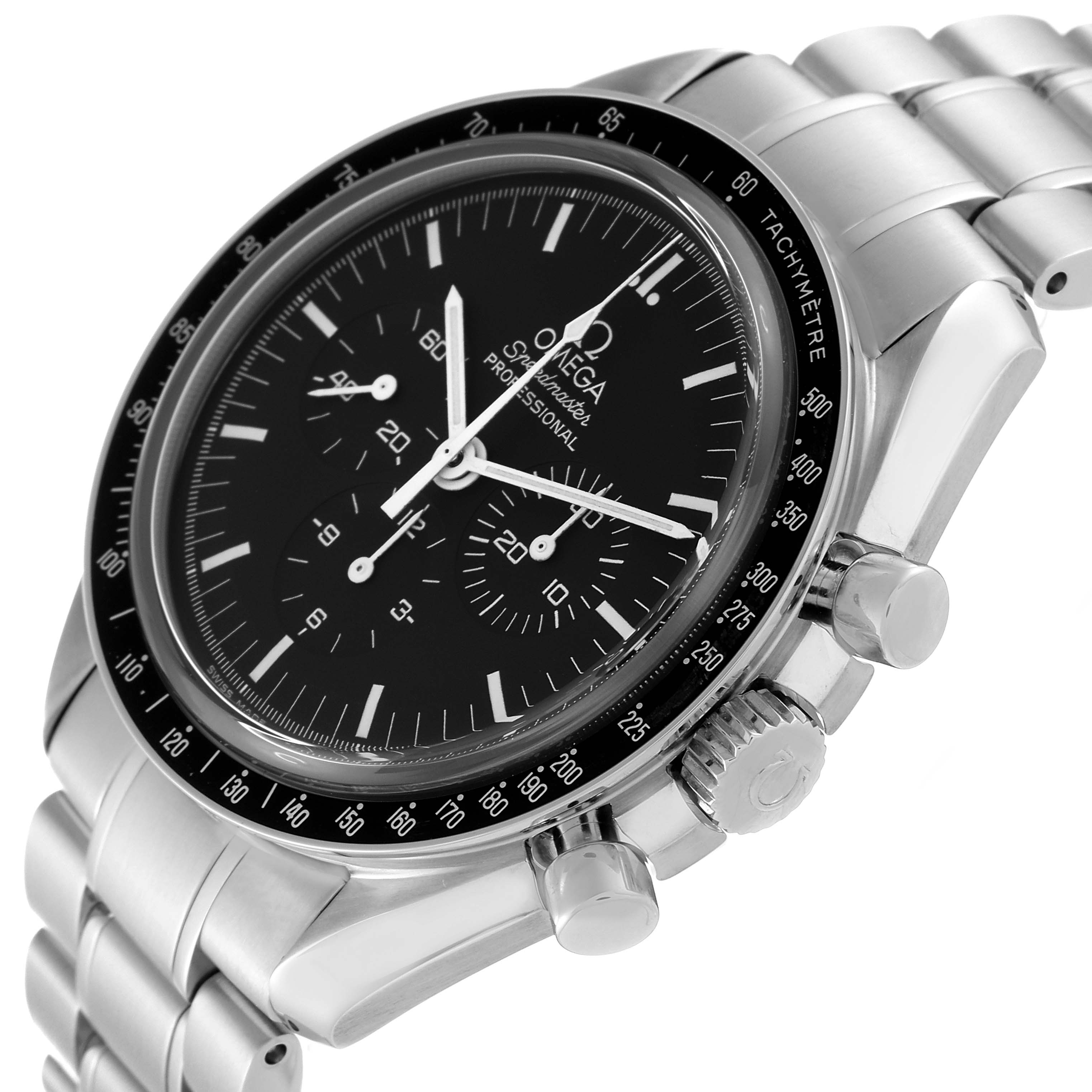 The image shows a close-up side angle of the Omega Speedmaster 3573.50.00 Men
s Stainless Steel Black Dial 3573.50.00 Men
s Stainless Steel Black Dial watch, highlighting the face, bezel, crown, pushers, and steel bracelet.