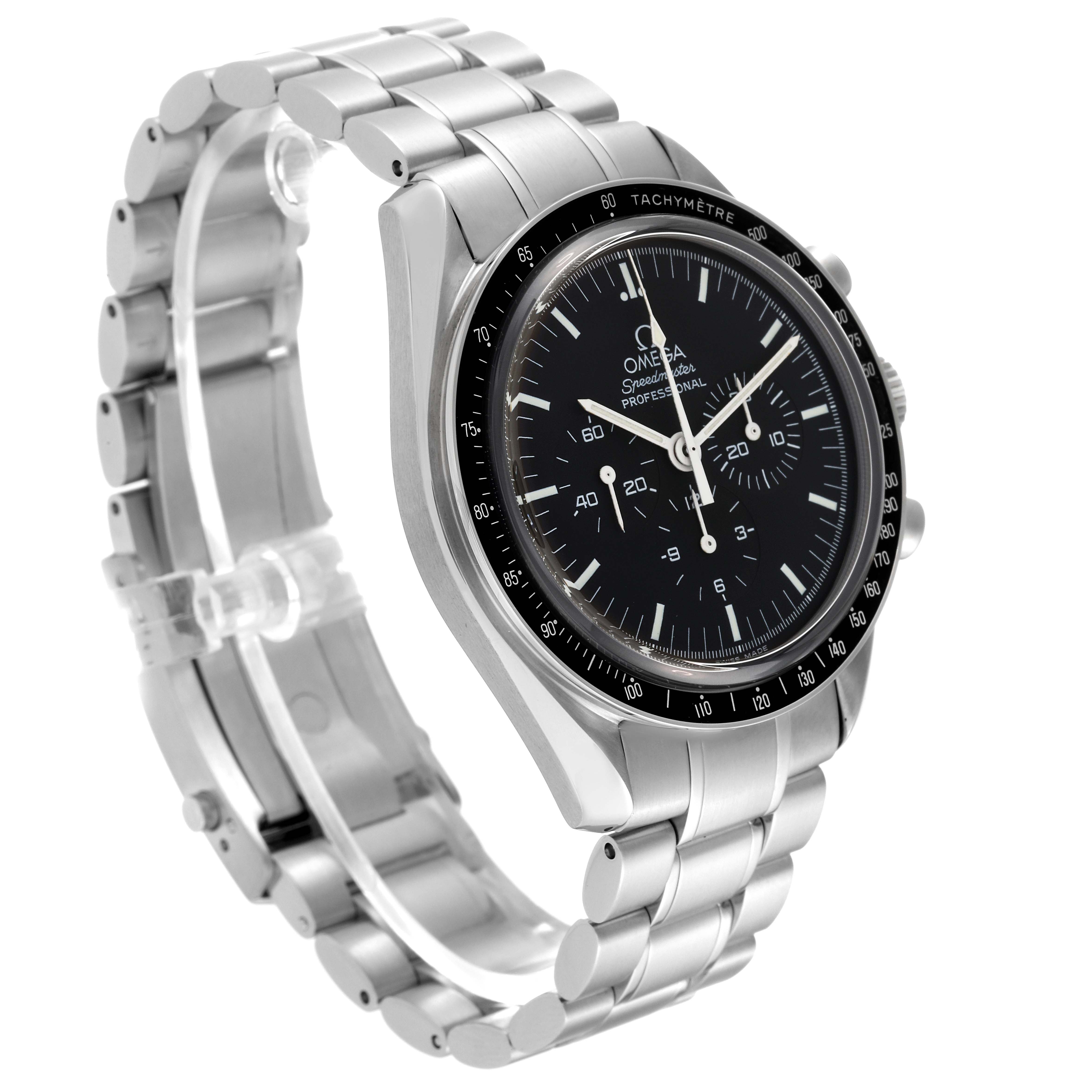 The Omega Speedmaster 3573.50.00 Men
s Stainless Steel Black Dial 3573.50.00 Men
s Stainless Steel Black Dial watch is shown at a three-quarter angle displaying the dial, bezel, and bracelet.