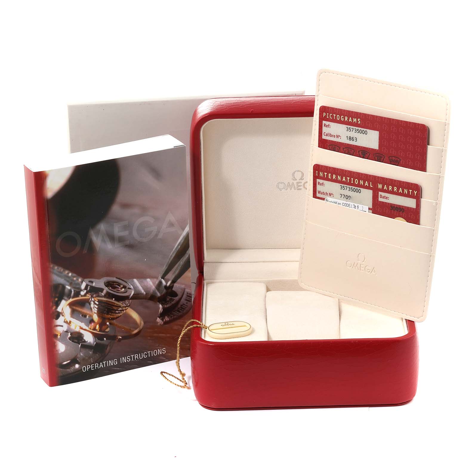 The image shows an Omega Speedmaster 3573.50.00 Men
s Stainless Steel Black Dial 3573.50.00 Men
s Stainless Steel Black Dial watch box, warranty cards, and operating instructions.