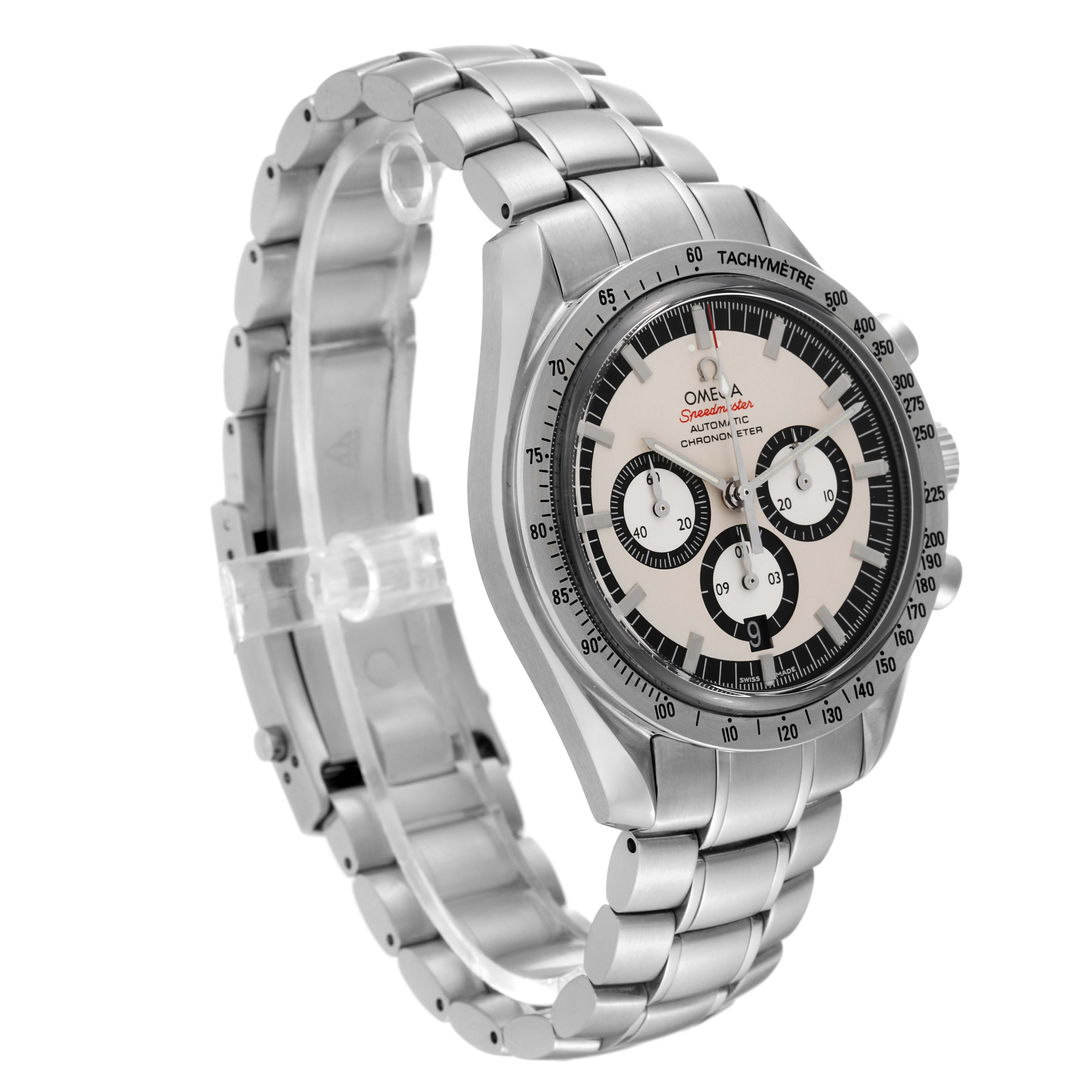 This image shows an Omega Speedmaster 3506.31.00 Men
s Stainless Steel Silver Dial 3506.31.00 Men
s Stainless Steel Silver Dial watch at a three-quarter angle, highlighting its dial, bezel, case, and metal bracelet.