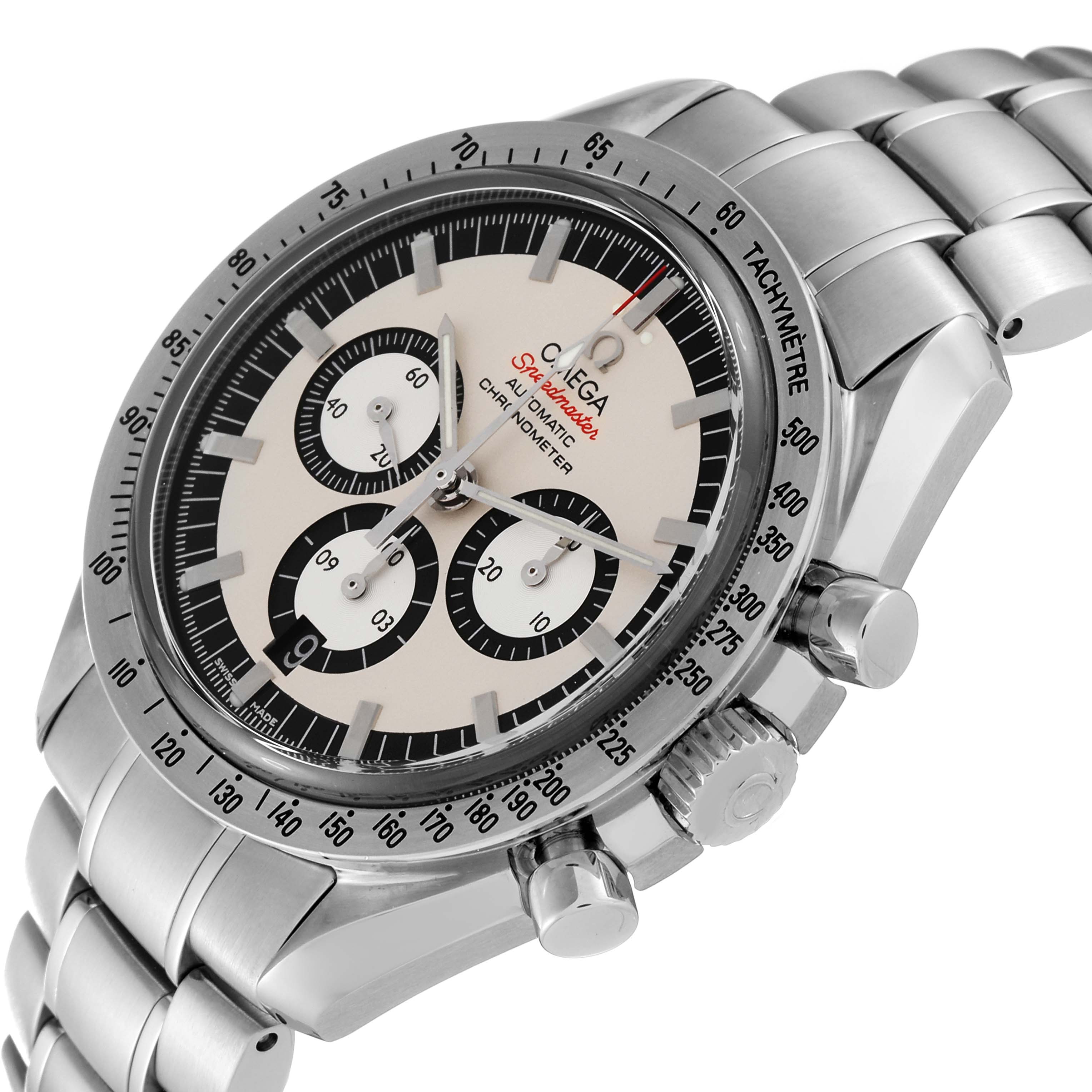 The image shows an angled view of an Omega Speedmaster 3506.31.00 Men
s Stainless Steel Silver Dial 3506.31.00 Men
s Stainless Steel Silver Dial watch, highlighting the face, bezel, three sub-dials, crown, and pushers.