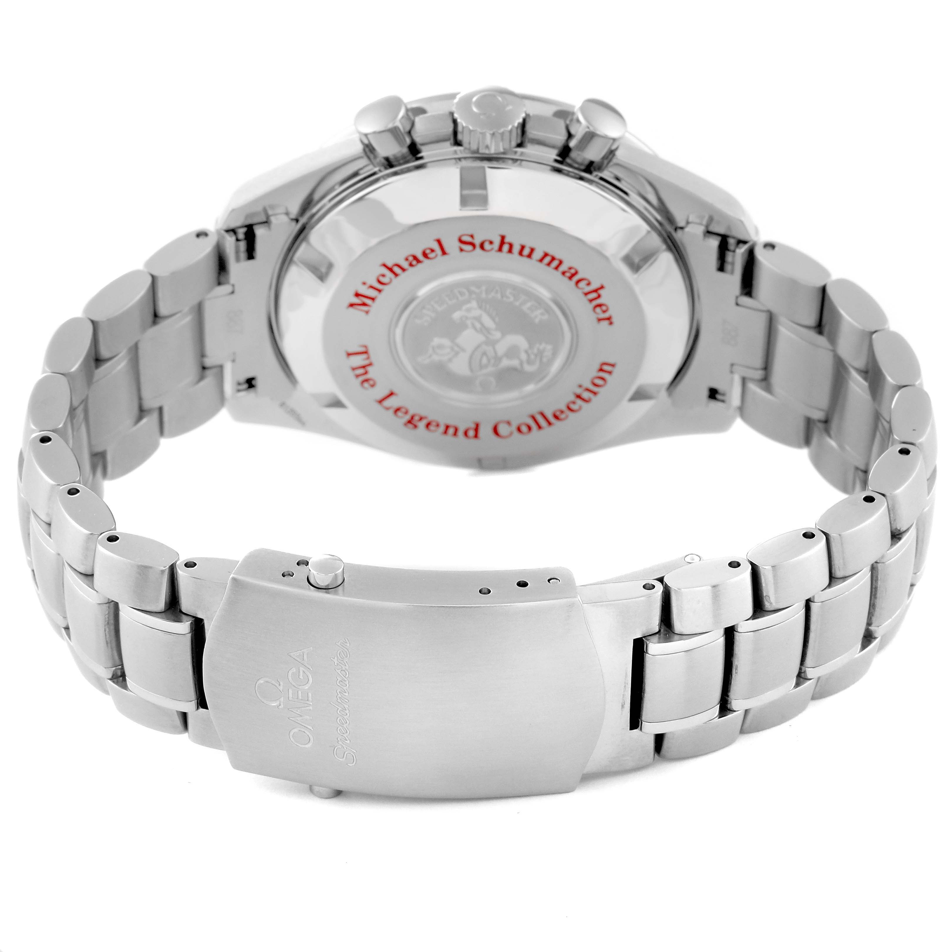 This image shows the back and clasp of the Omega Speedmaster 3506.31.00 Men
s Stainless Steel Silver Dial 3506.31.00 Men
s Stainless Steel Silver Dial watch, featuring the Michael Schumacher Legend Collection.