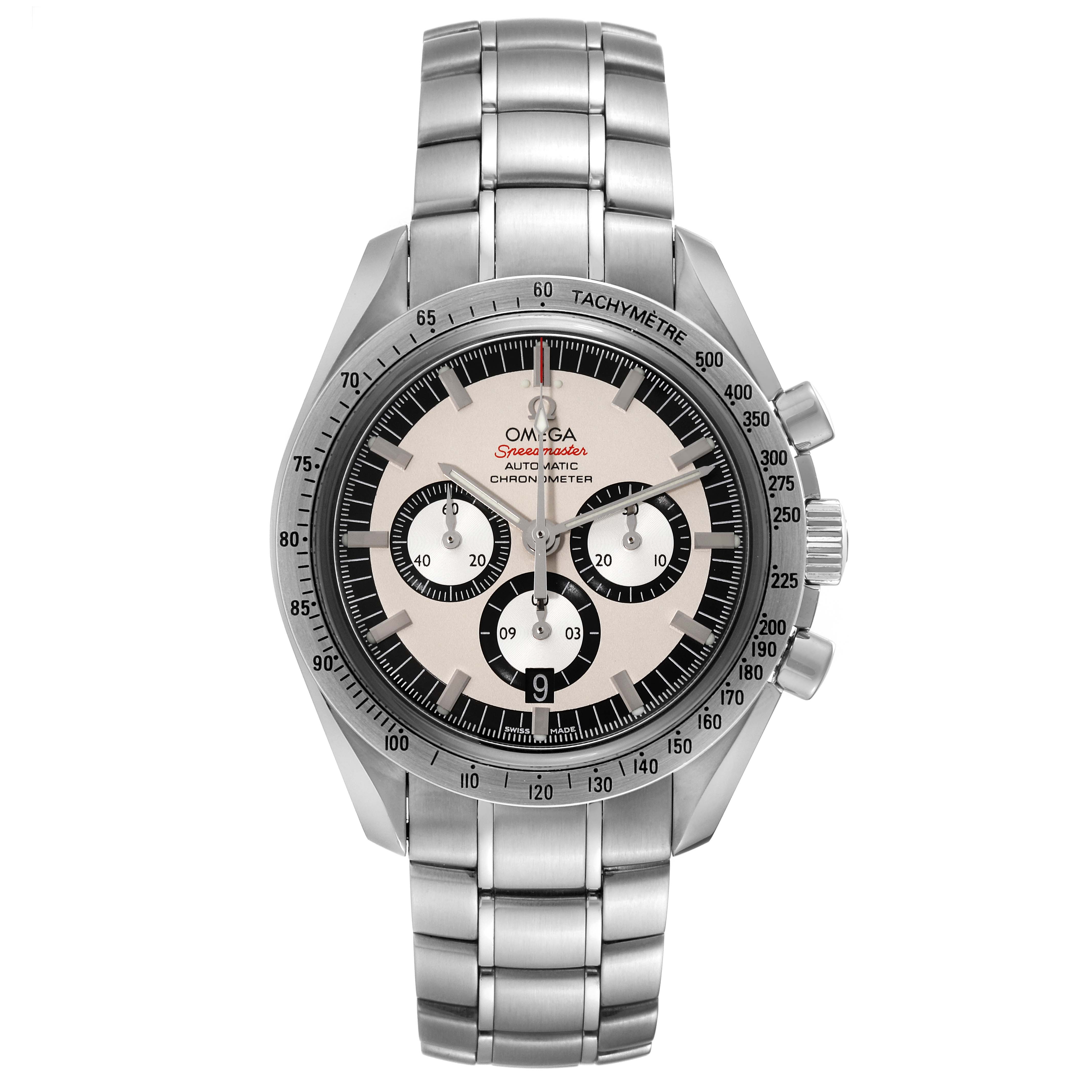 This image shows a front-facing view of an Omega Speedmaster 3506.31.00 Men
s Stainless Steel Silver Dial 3506.31.00 Men
s Stainless Steel Silver Dial watch, highlighting its dial, bezel, and stainless steel bracelet.