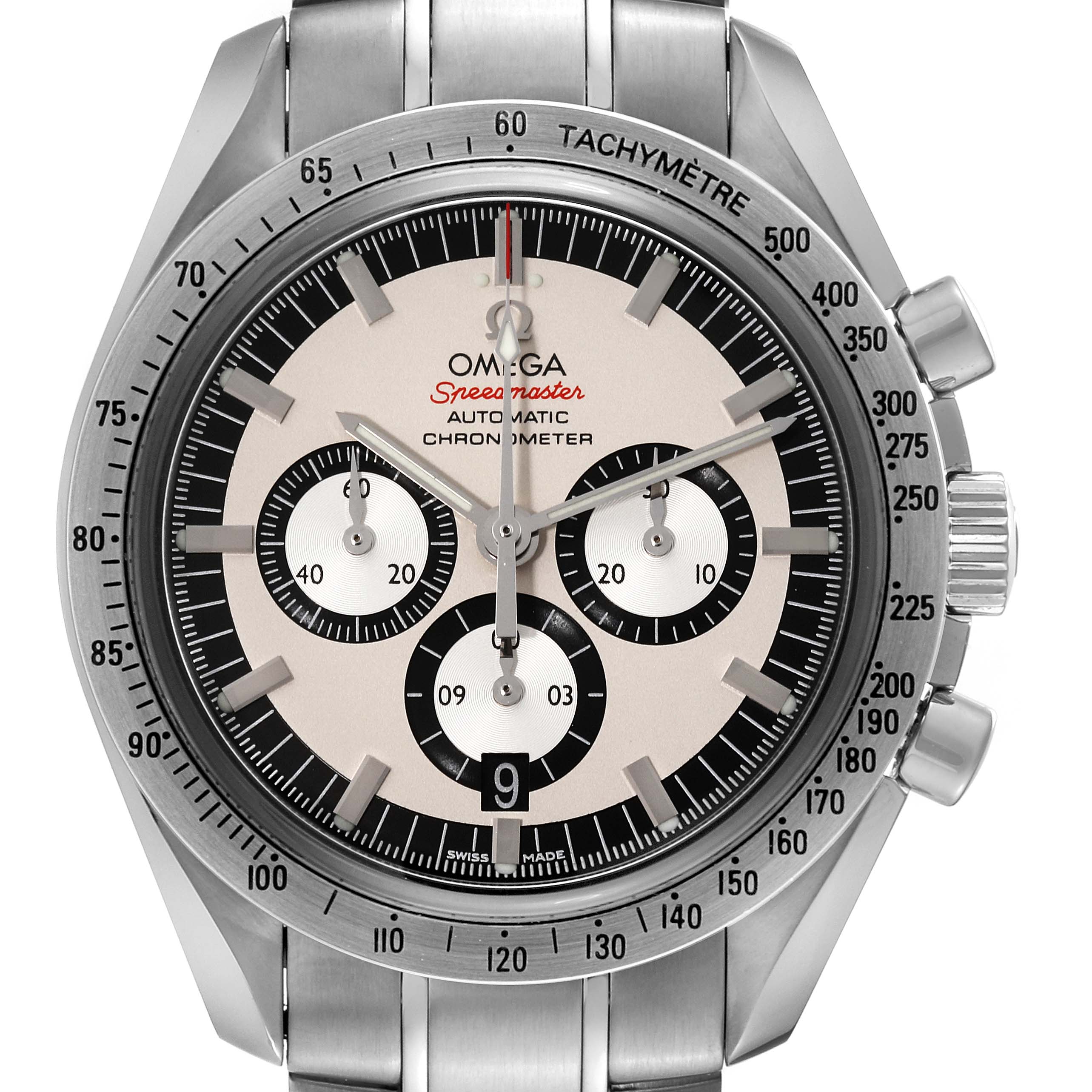 The image shows a frontal view of an Omega Speedmaster 3506.31.00 Men
s Stainless Steel Silver Dial 3506.31.00 Men
s Stainless Steel Silver Dial watch displaying the dial, bezel, and part of the bracelet.