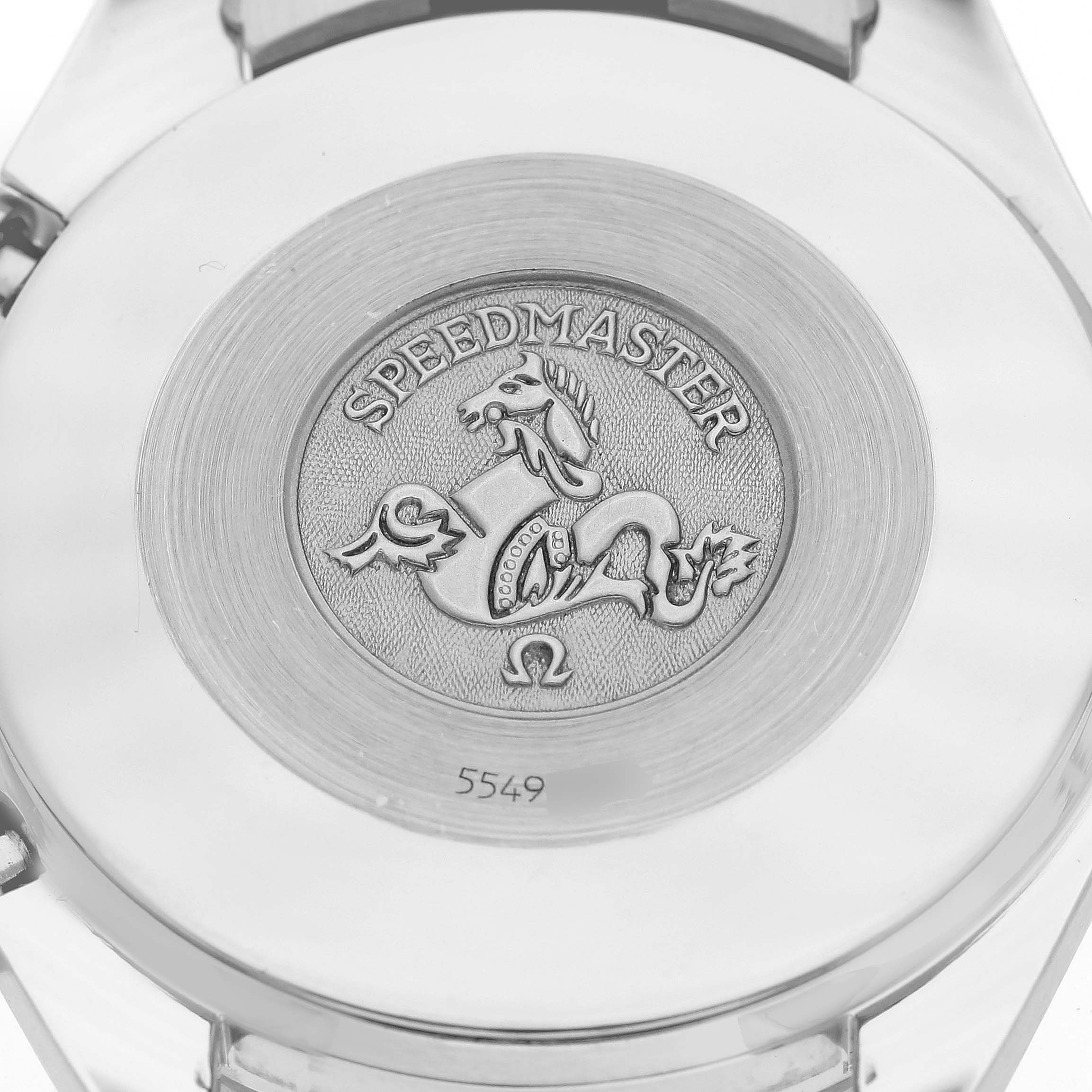 The image shows the engraved case back of an Omega Speedmaster 3510.61.00 Men's Stainless Steel Red Dial 3510.61.00 Men's Stainless Steel Red Dial watch, featuring the Speedmaster logo and a seahorse emblem.