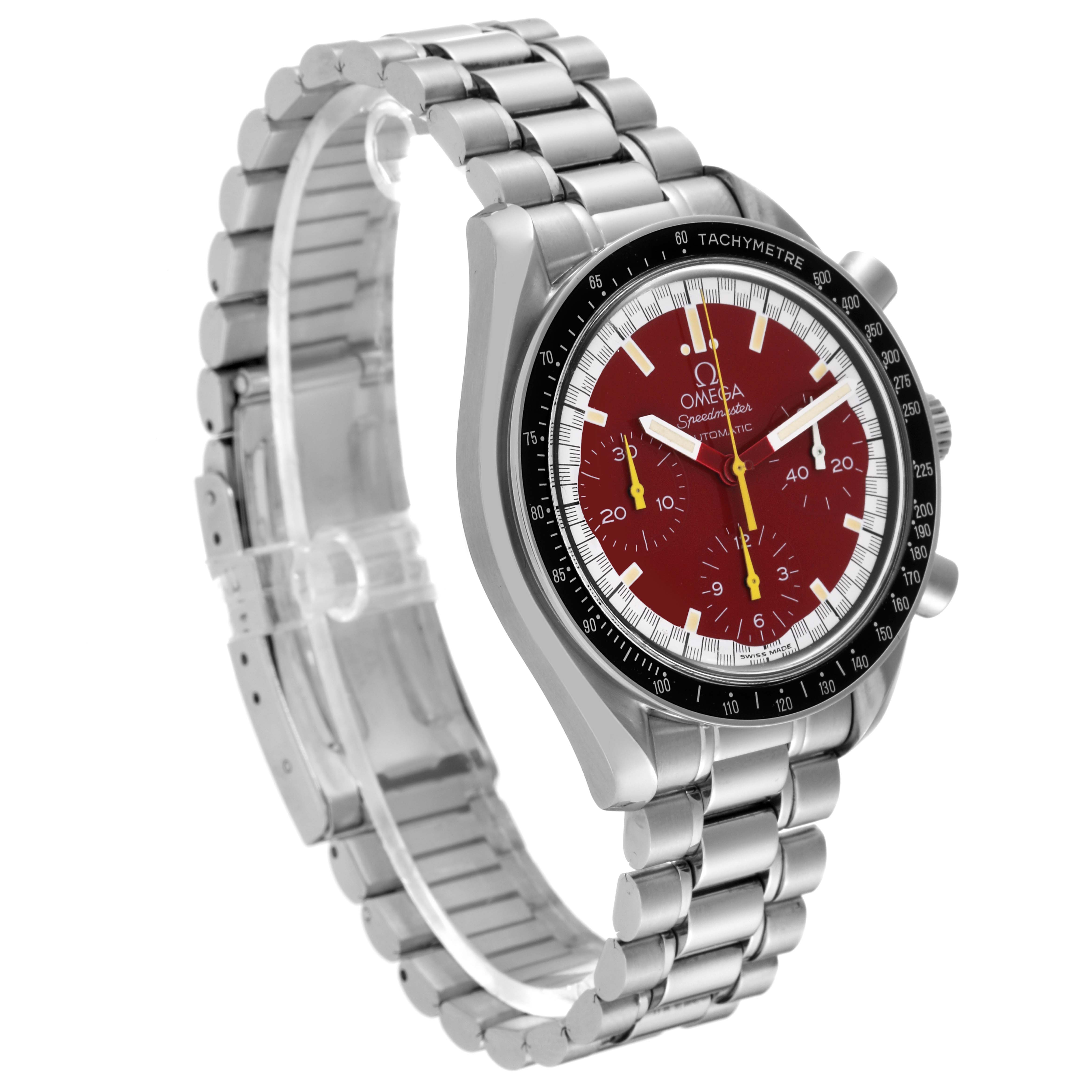 The Omega Speedmaster 3510.61.00 Men's Stainless Steel Red Dial 3510.61.00 Men's Stainless Steel Red Dial watch is shown at a three-quarter angle, highlighting the red dial, tachymeter bezel, and stainless steel bracelet.