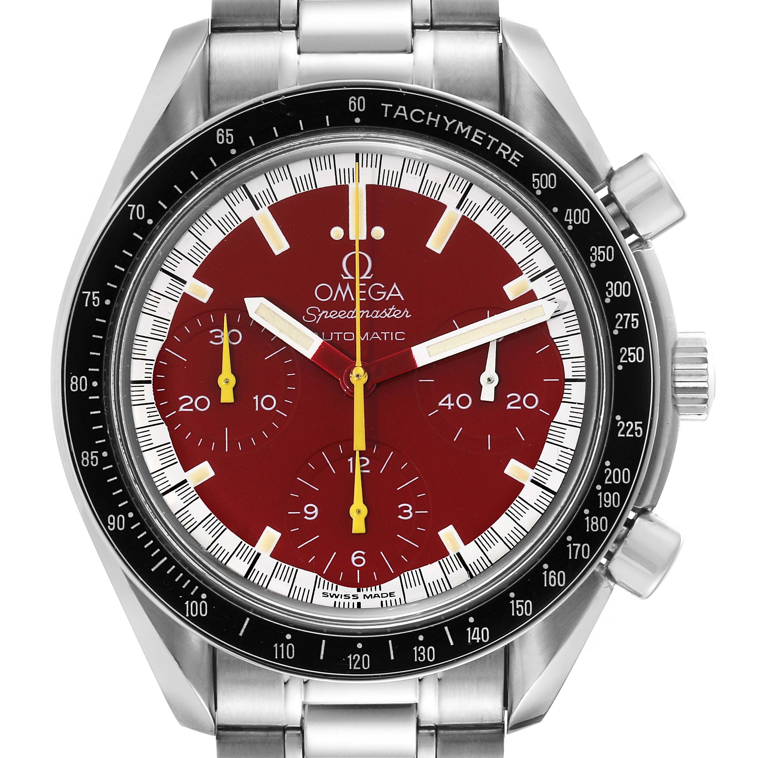 This Omega Speedmaster 3510.61.00 Men's Stainless Steel Red Dial 3510.61.00 Men's Stainless Steel Red Dial watch is shown from the front, highlighting its dial, subdials, hands, bezel, and part of the bracelet.