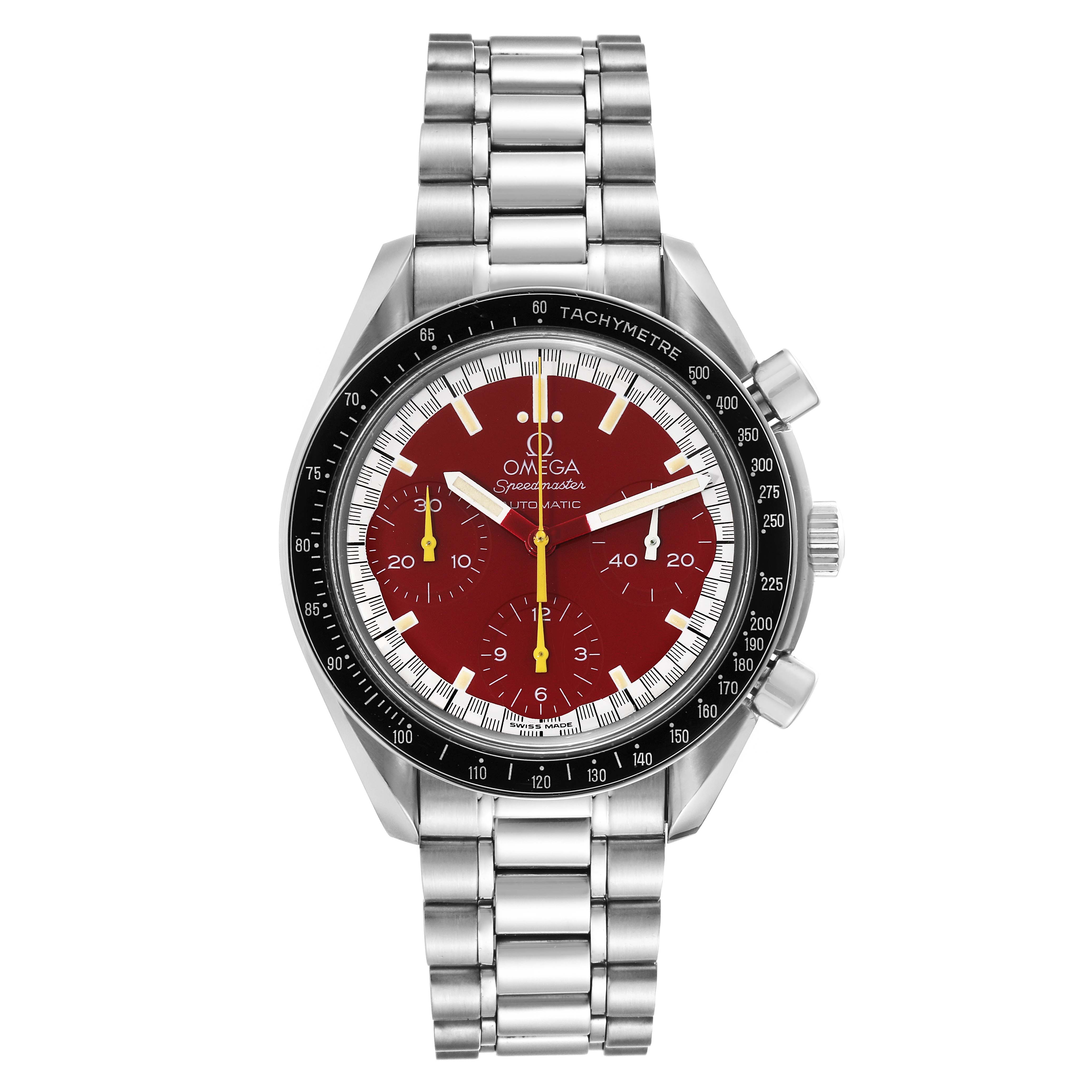 The image shows a frontal view of the Omega Speedmaster 3510.61.00 Men's Stainless Steel Red Dial 3510.61.00 Men's Stainless Steel Red Dial watch, displaying the dial, bezel, and metal bracelet prominently.