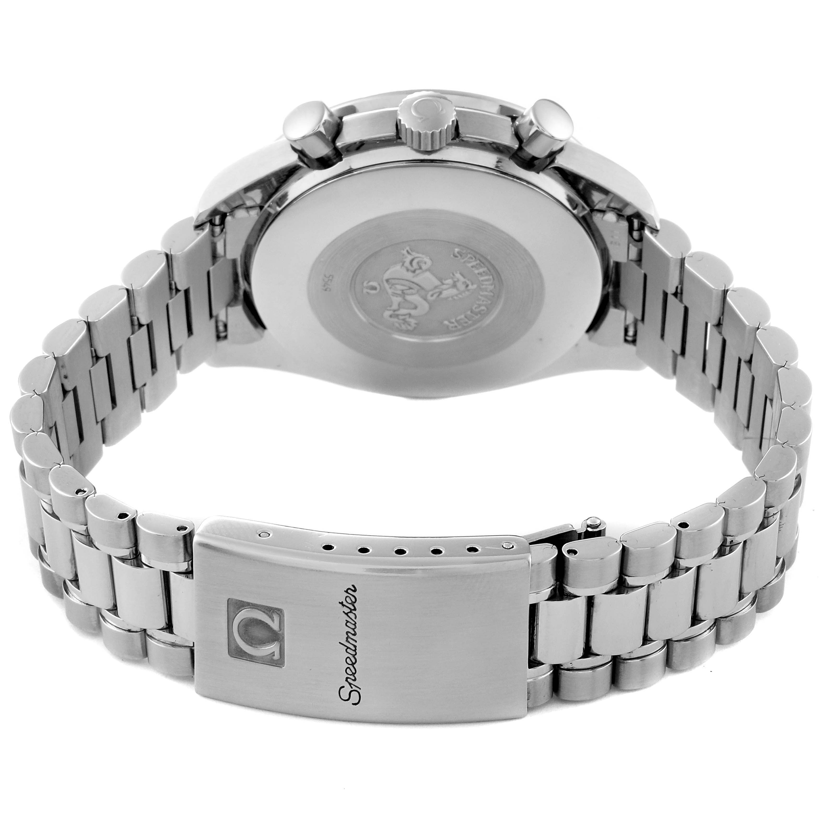 This image shows the back view of an Omega Speedmaster 3510.61.00 Men's Stainless Steel Red Dial 3510.61.00 Men's Stainless Steel Red Dial watch, highlighting the clasp and case back.