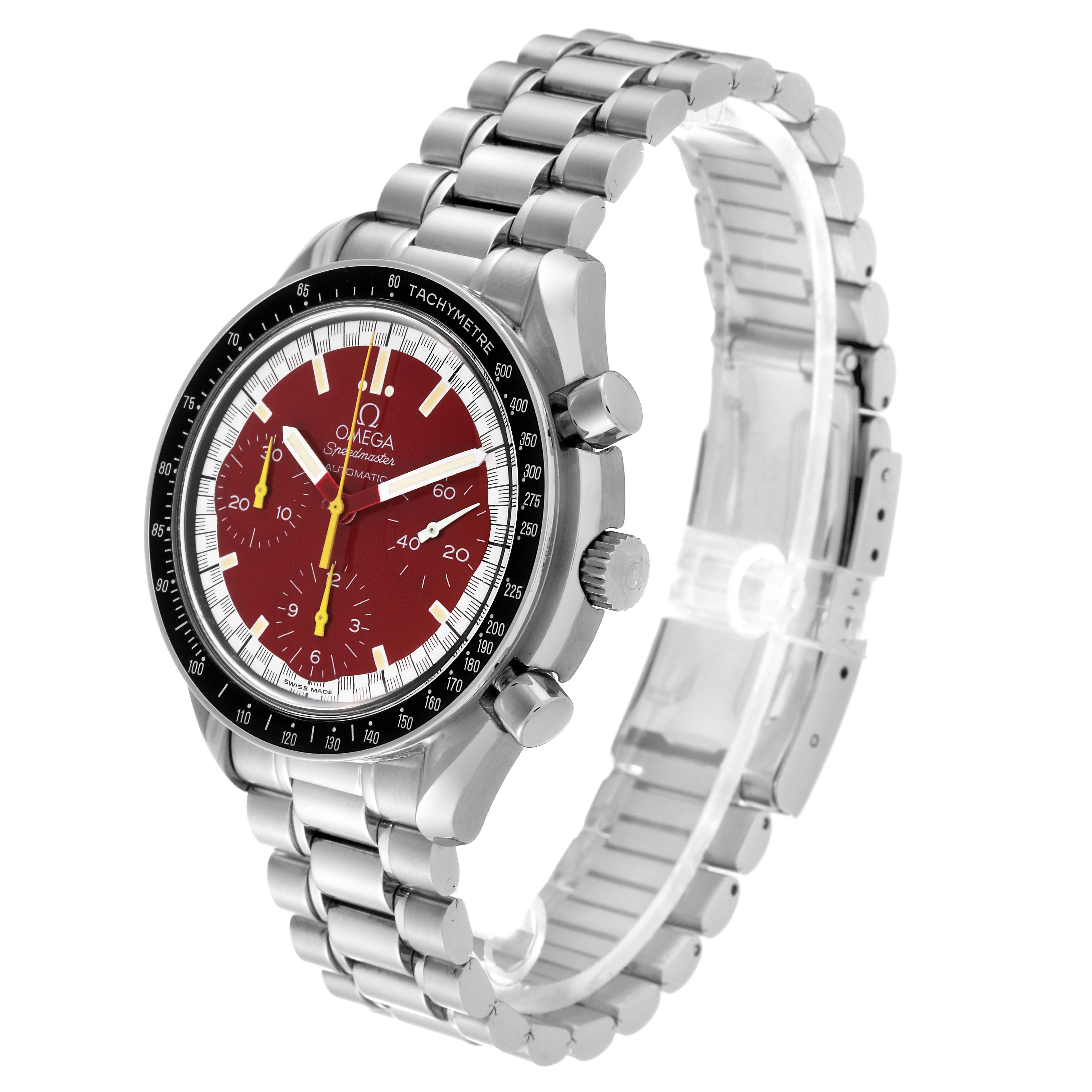 The image shows an angled view of an Omega Speedmaster 3510.61.00 Men's Stainless Steel Red Dial 3510.61.00 Men's Stainless Steel Red Dial watch, highlighting its face, bezel, crown, pushers, and bracelet.