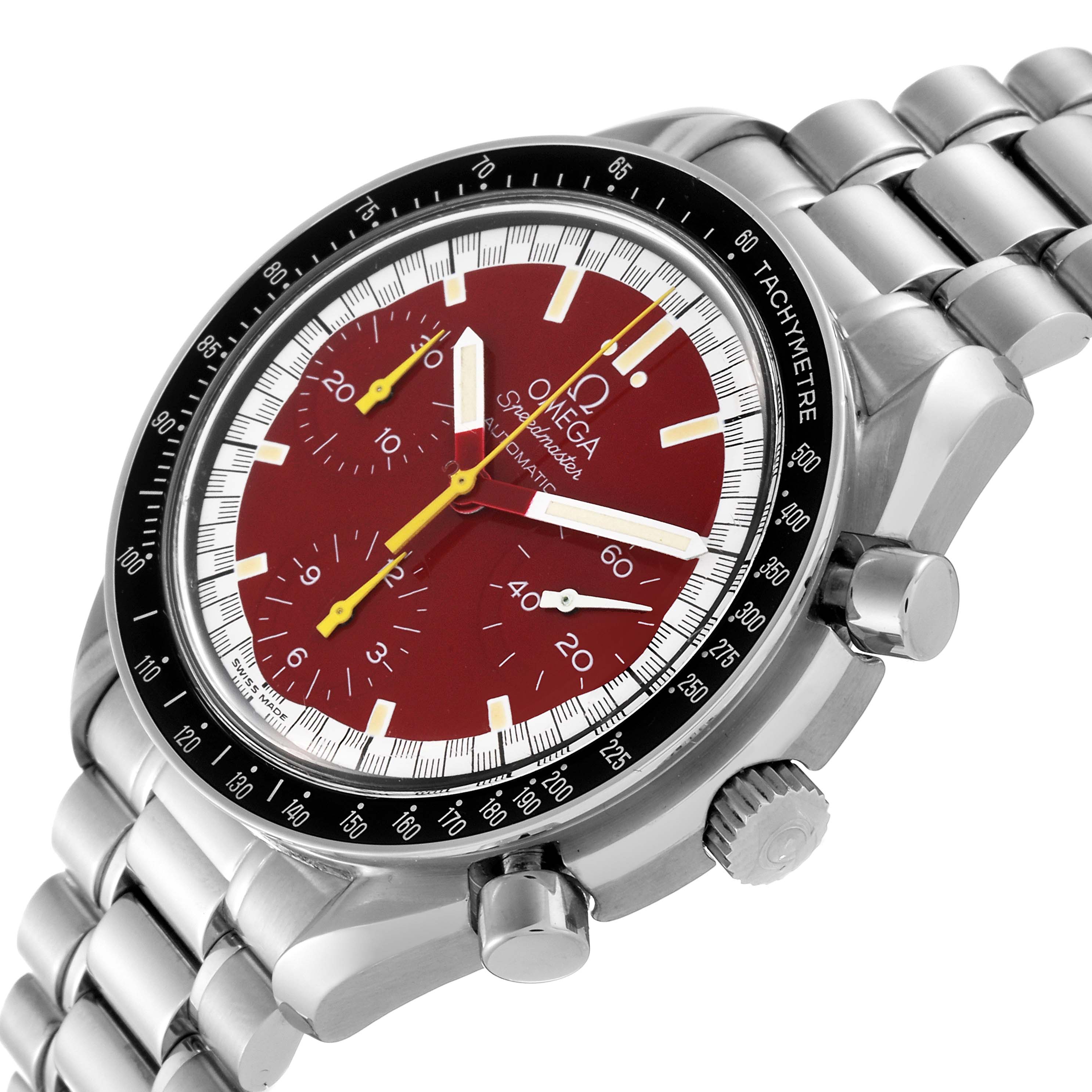 This Omega Speedmaster 3510.61.00 Men's Stainless Steel Red Dial 3510.61.00 Men's Stainless Steel Red Dial watch is shown at an angle displaying the dial, bezel, crown, pushers, and part of the stainless steel bracelet.